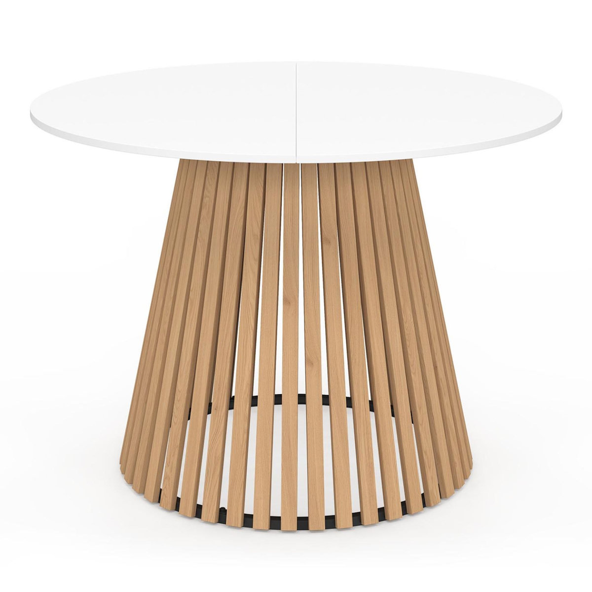 ID MARKET Table à manger ronde CARMEN 6 personnes pied bois en lattes et plateau bois blanc 110 cm