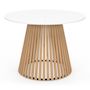 Voir la diapositive 3 : ID MARKET Table à manger ronde CARMEN 6 personnes pied bois en lattes et plateau bois blanc 110 cm
