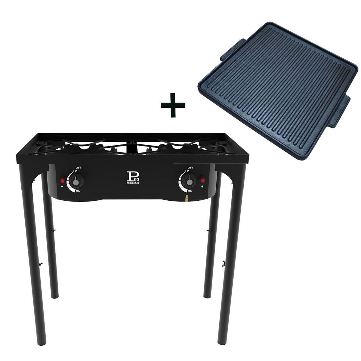INTEC Réchaud à Gaz 2 feux Barbecue grill 9kW 2en1 : 2 brûleurs fonte + 1 Plaque Grill Fonte, 3 Hauteurs Modulables Piezo INTEC