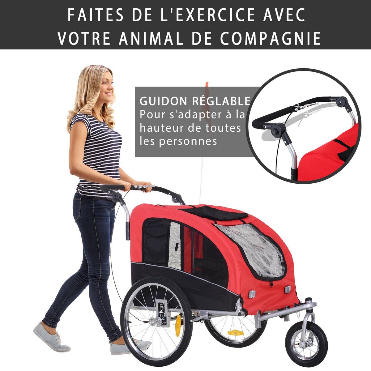 HOMCOM Remorque vélo jogger 2 en 1 pour animaux drapeau roue avant pivotante réflecteurs et barre d'attelage inclus rouge noir