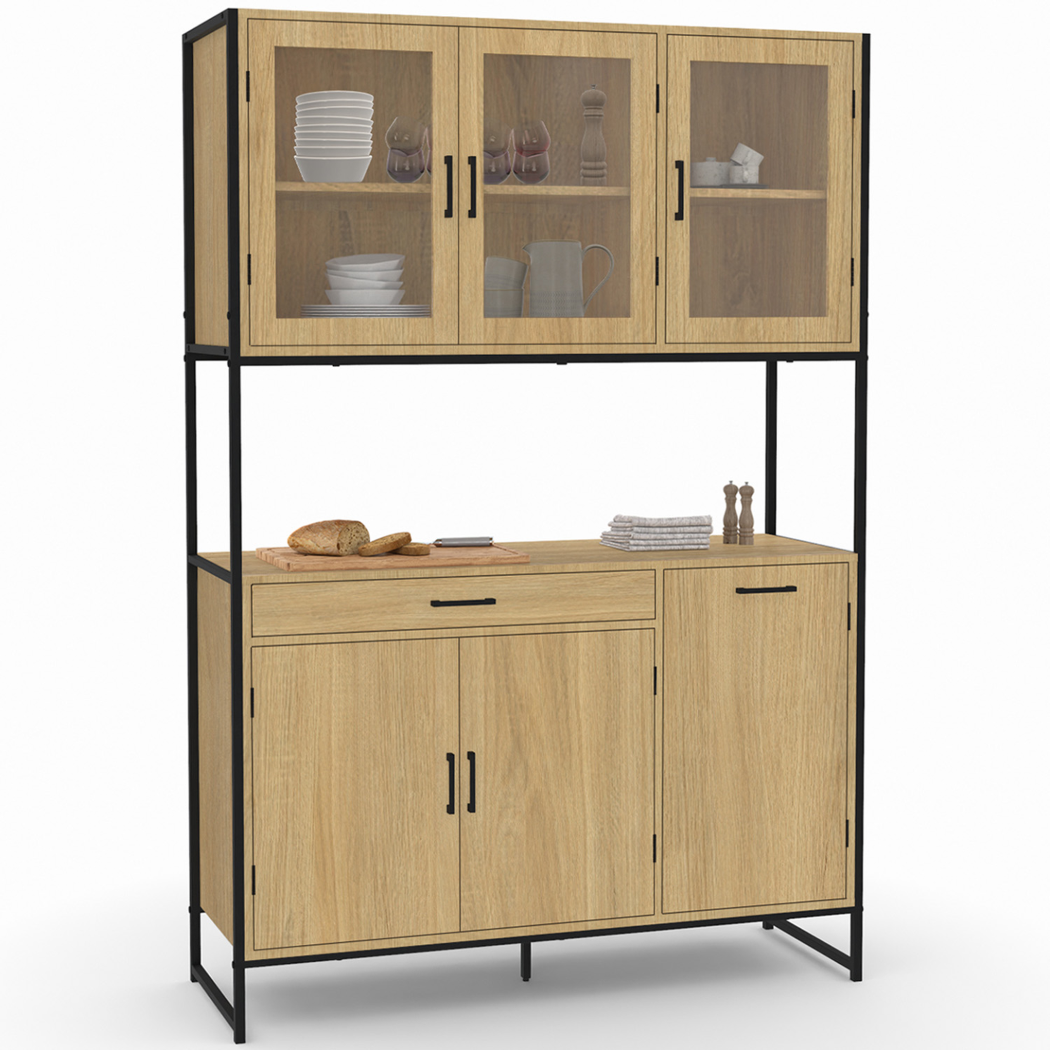 ID MARKET Buffet de cuisine vitré 120 cm detroit meuble vaisselier 6 portes design industriel + tiroir