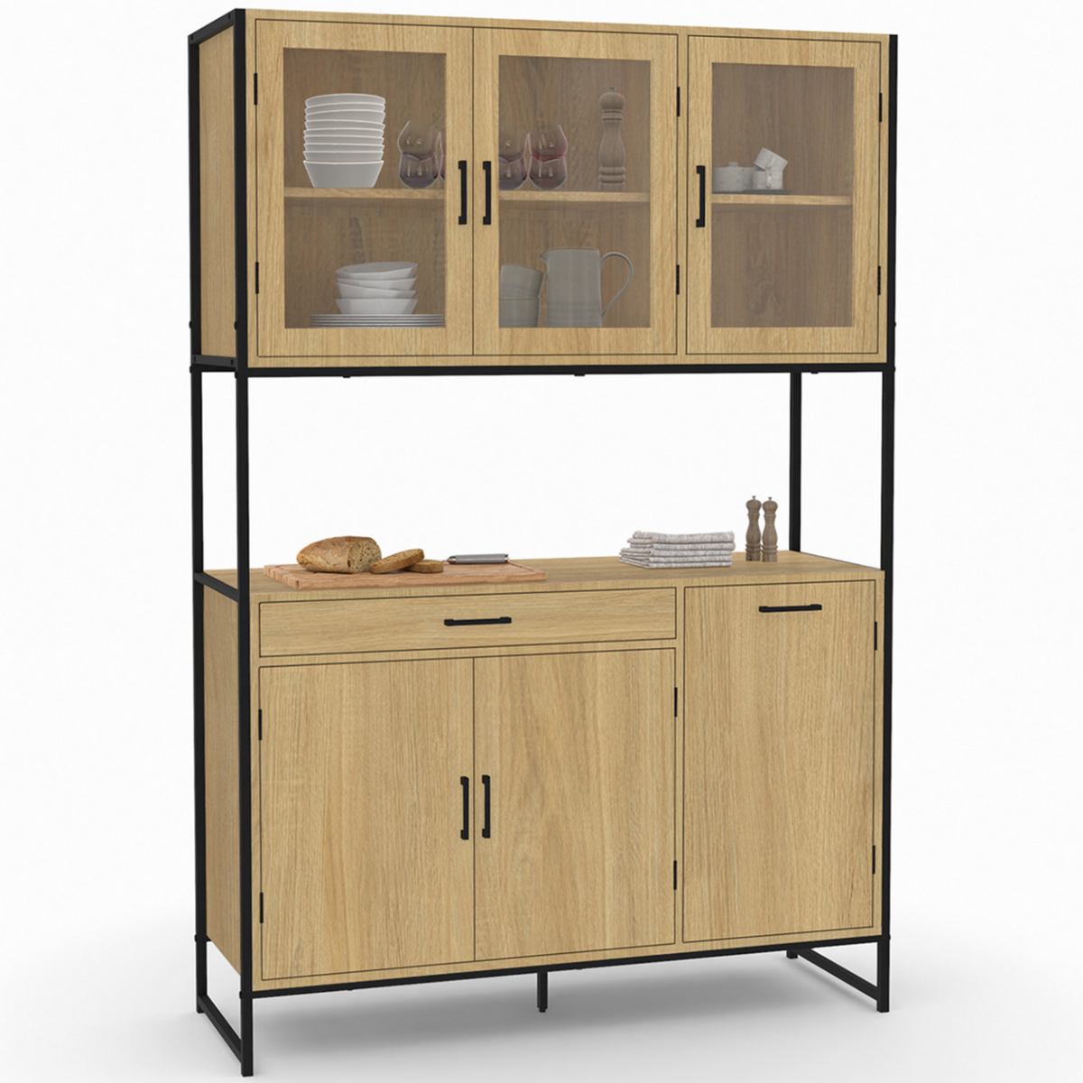 ID MARKET Buffet de cuisine vitré 120 CM DETROIT meuble vaisselier 6 portes design industriel + tiroir
