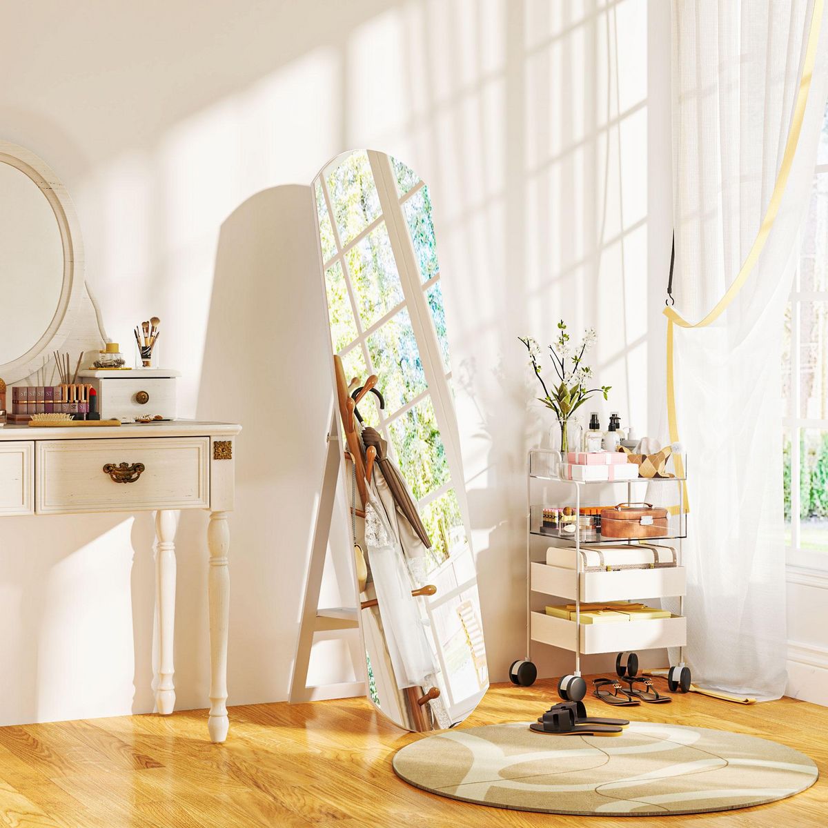 HOMCOM Miroir sur pied ou mural 150 cm avec étagère de rangement, grand miroir arqué pour chambre, entrée ou couloir, blanc