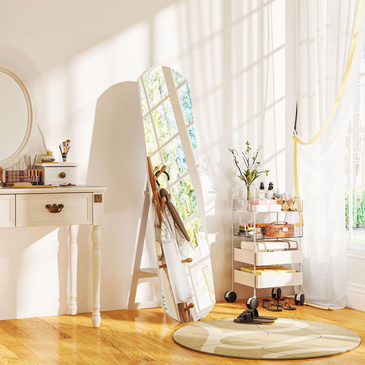 HOMCOM Miroir sur pied ou mural 150 cm avec étagère de rangement, grand miroir arqué pour chambre, entrée ou couloir, blanc