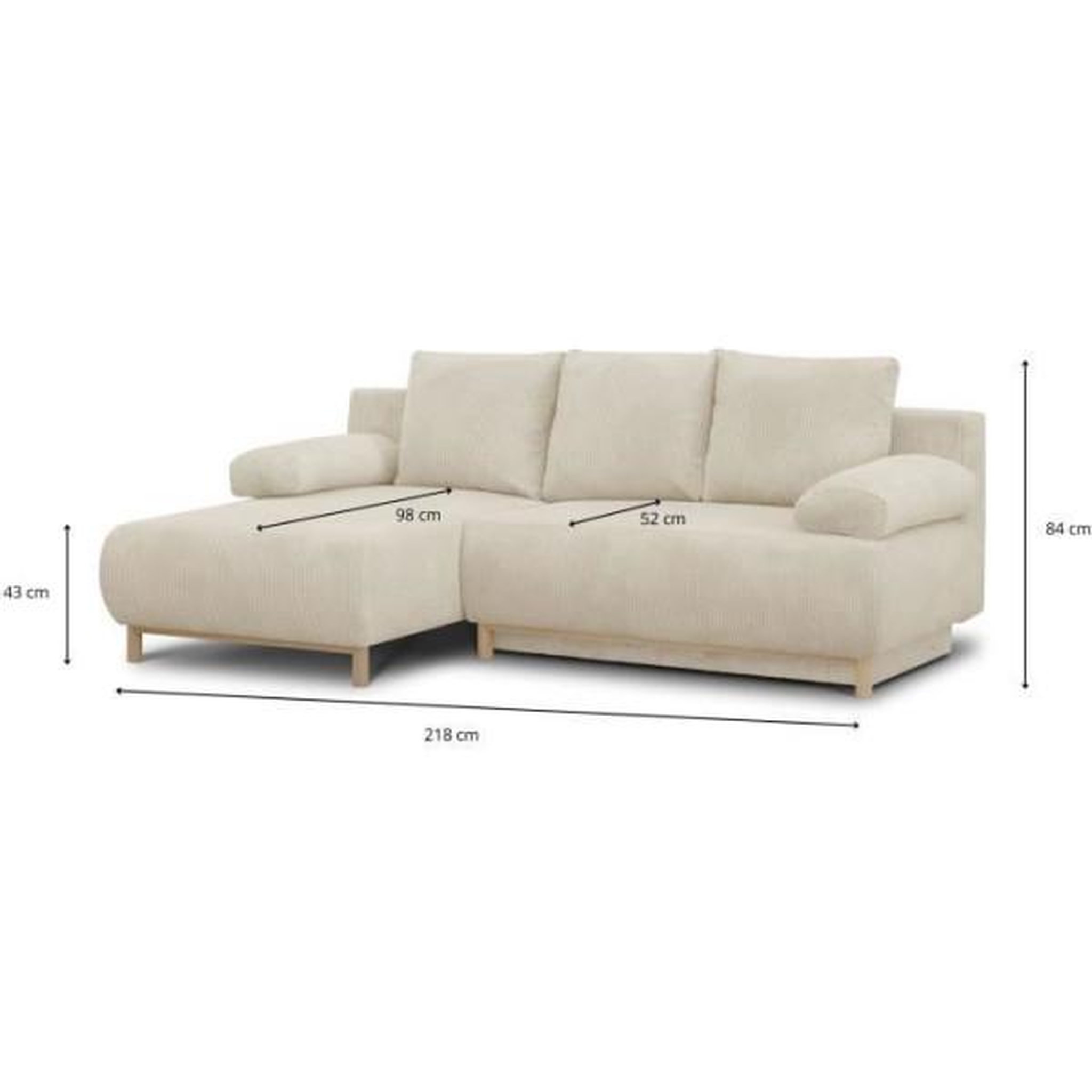 Voir la diapositive 5 : MARKET24 Canapé d'angle gauche convertible MIKA 3 places - Velours côtelé beige - Coffre de rangement - L218 x P98/145 x H84 cm