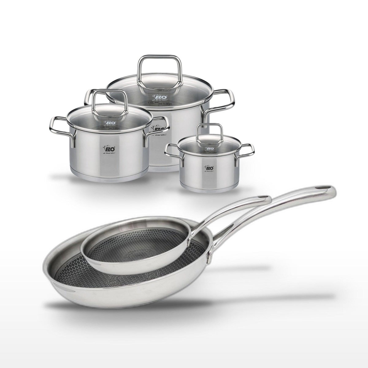 ELO Lot 2 Poêles 24/28cm & 3 Faitouts 12/16/20cm Elo Relief Evolution