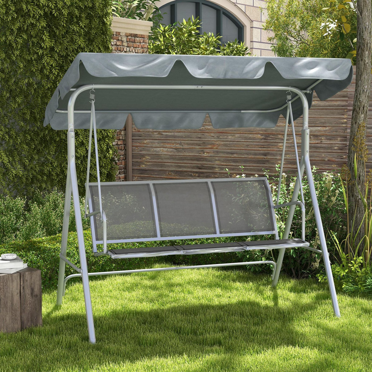 OUTSUNNY Balancelle de jardin 3 places grand confort toit imperméabilisé inclinaison réglable assise et dossier ergonomique acier textilène gris clair