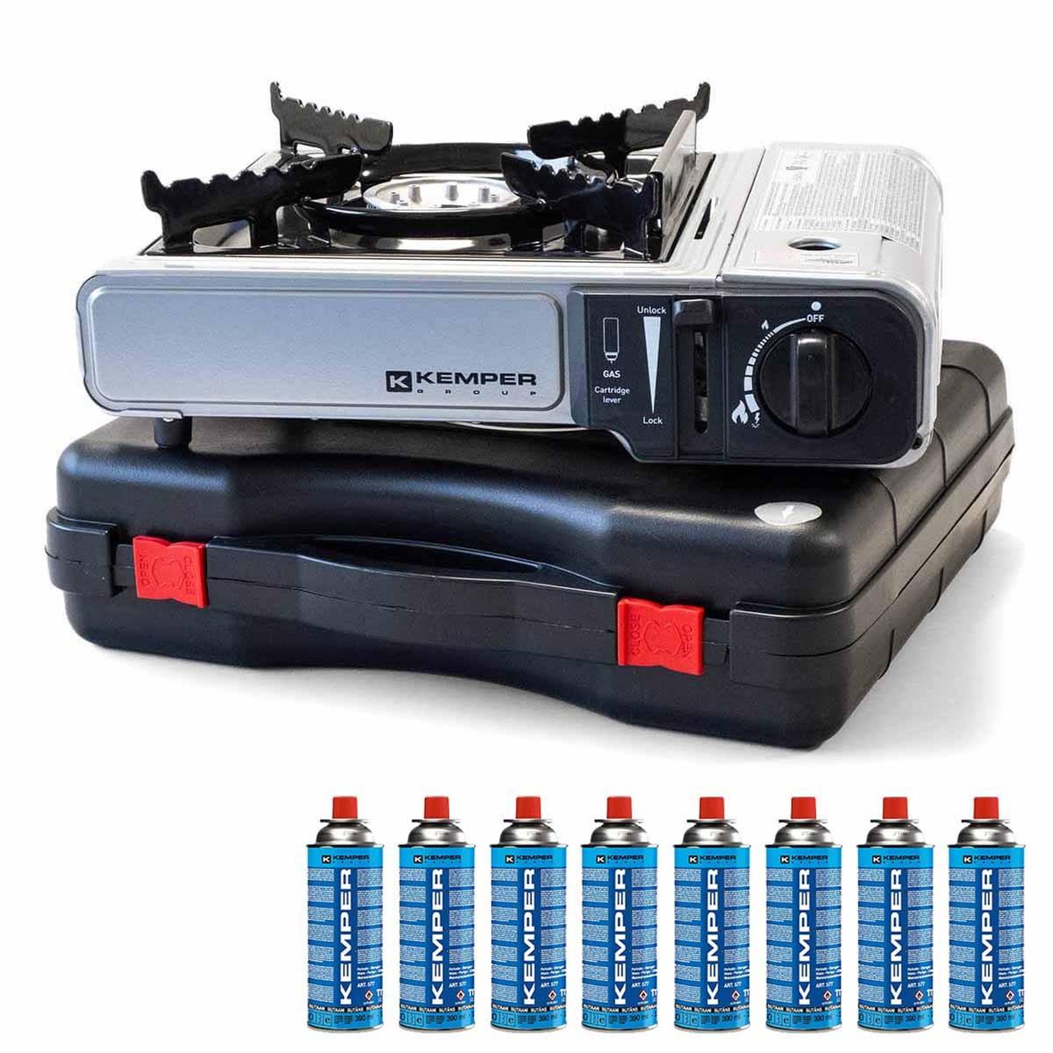 Kemper Réchaud à gaz 2200w + 8 cartouches de gaz détendeur de pression double système de sécurité. Puissance réglable kemper