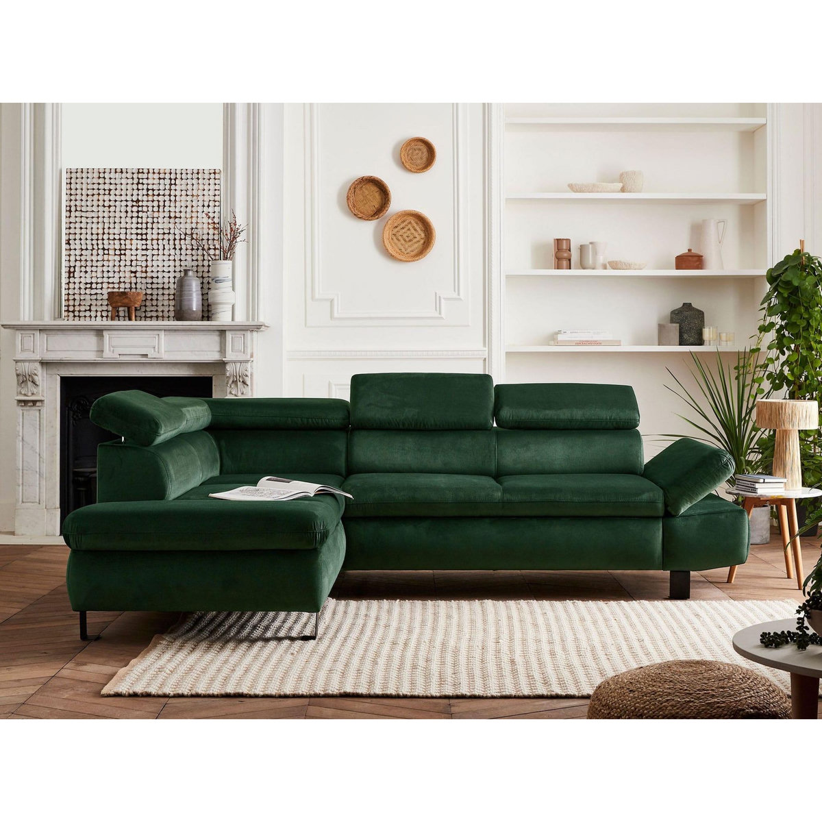 LISA DESIGN Nairobi - canapé d'angle convertible - en velours - 5 places - avec têtières - gauche