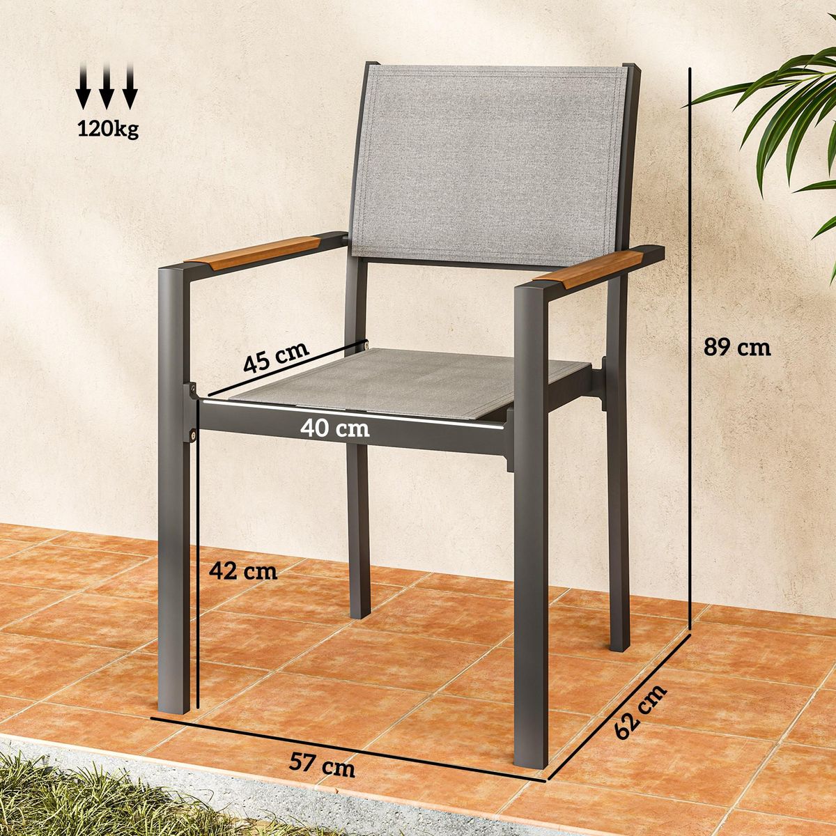 OUTSUNNY Lot de 4 chaises de jardin assise dossier textilène structure alu accoudoirs revêtement PVC effet bois