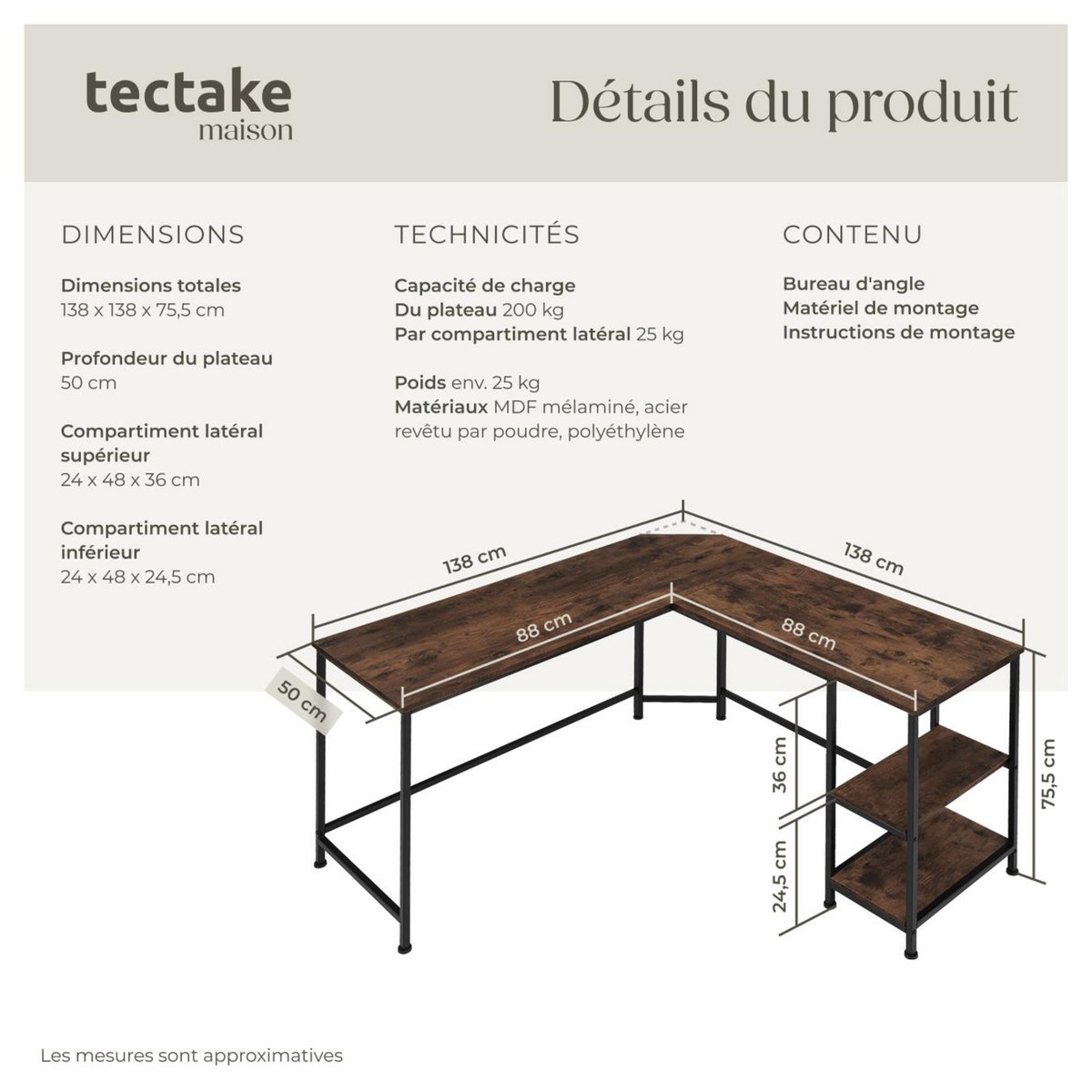 tectake Bureau Style industriel Étagère latérale avec 2 compartiments de stockage