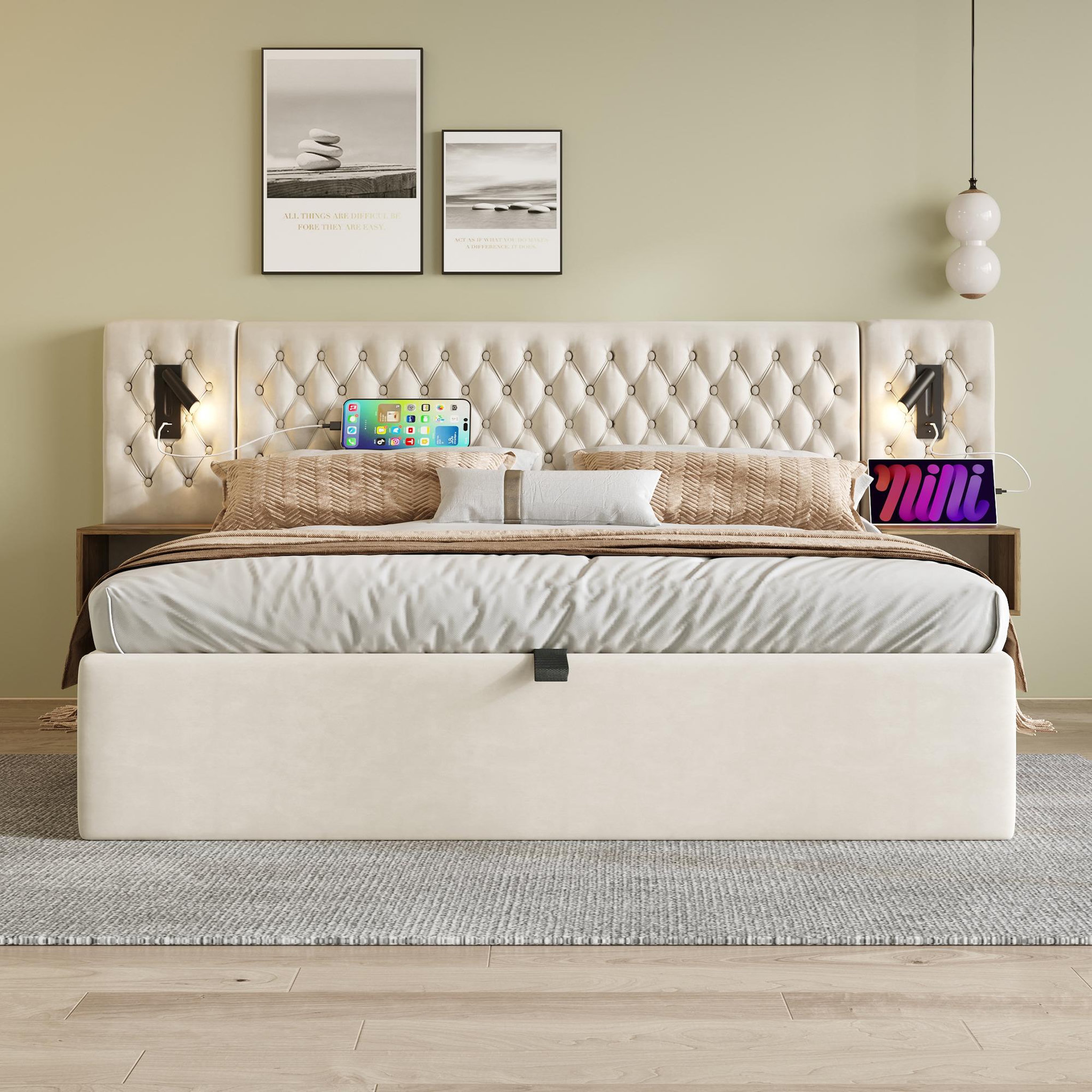 Voir la diapositive 4 : MERAX Lit coffre velours avec 2 chevets, liseuses led usb et tête de lit