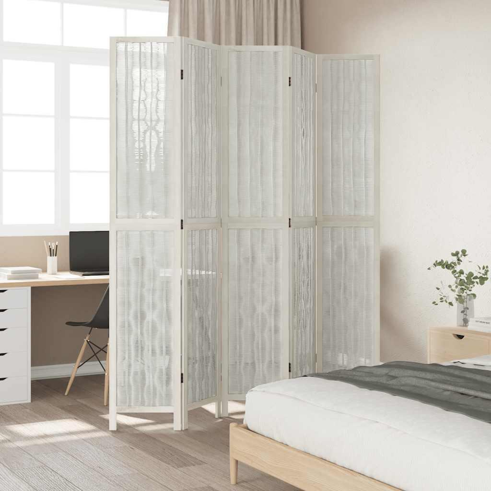 Voir la diapositive 3 : VIDAXL Cloison de separation 5 panneaux blanc bois de paulownia massif