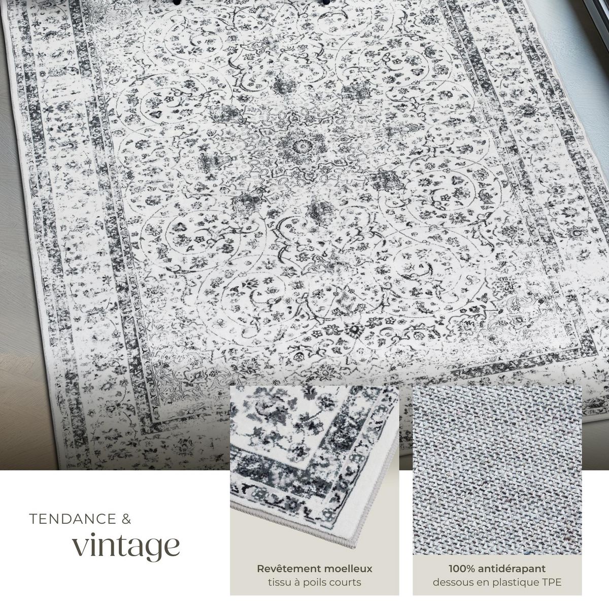 tectake Tapis design vintage à poils courts en laine synthétique et feutre gris 200 x 274 cm