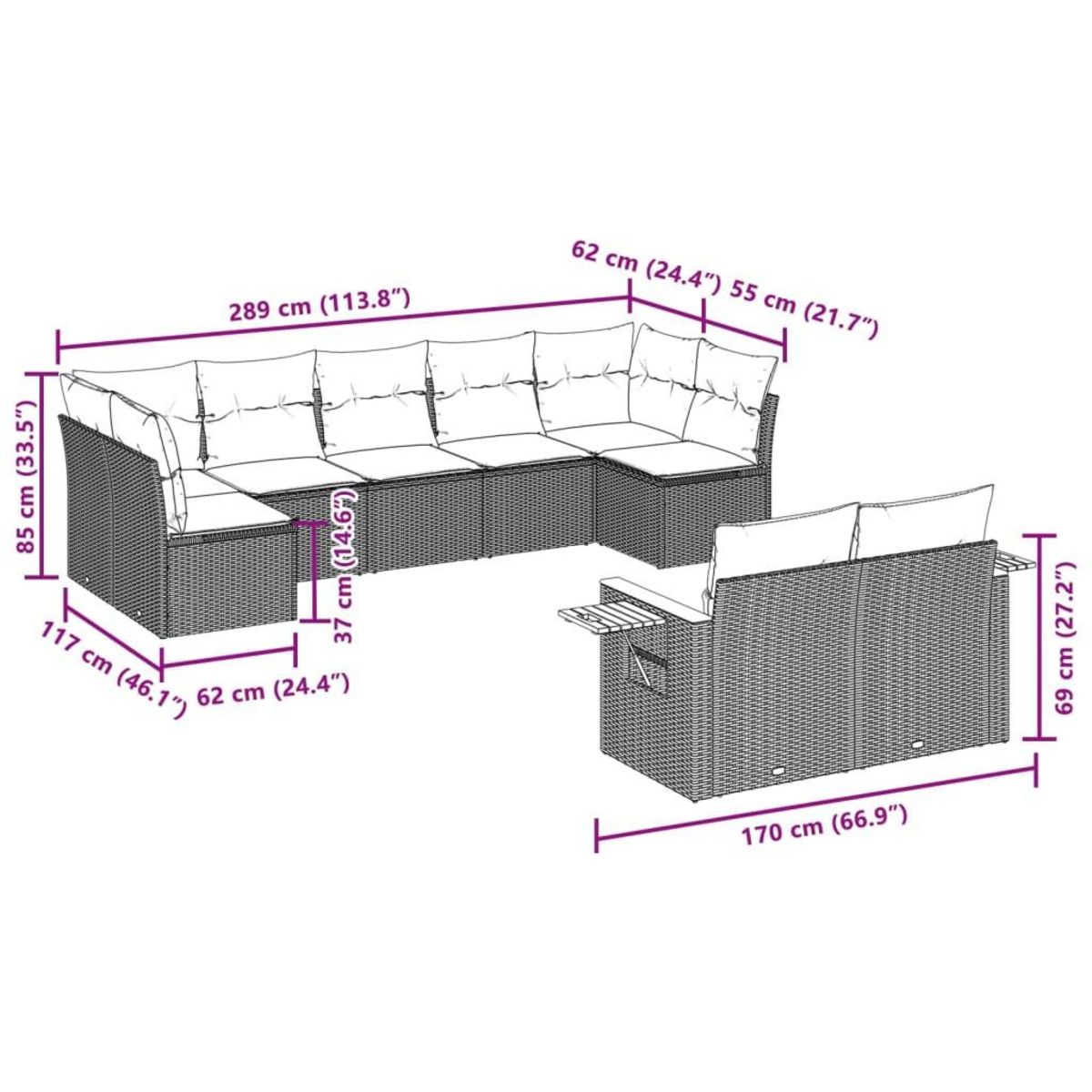 VIDAXL Salon de jardin avec coussins 9 pcs beige resine tressee