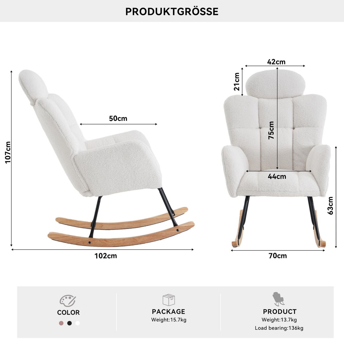 MERAX Fauteuil à Bascule Rocking Chair Fauteuil Relax Avec Têtière Blanc