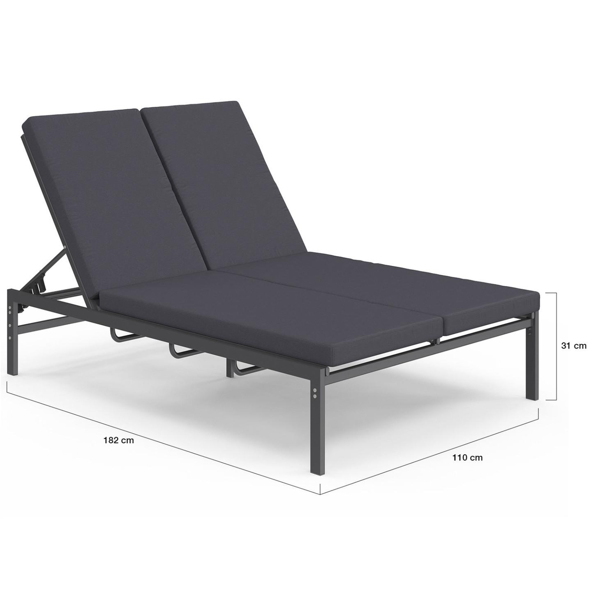 Voir la diapositive 5 : ID MARKET Lit bain de soleil double, transat de jardin 2 places inclinable, chaise longue en acier avec matelas gris anthracite