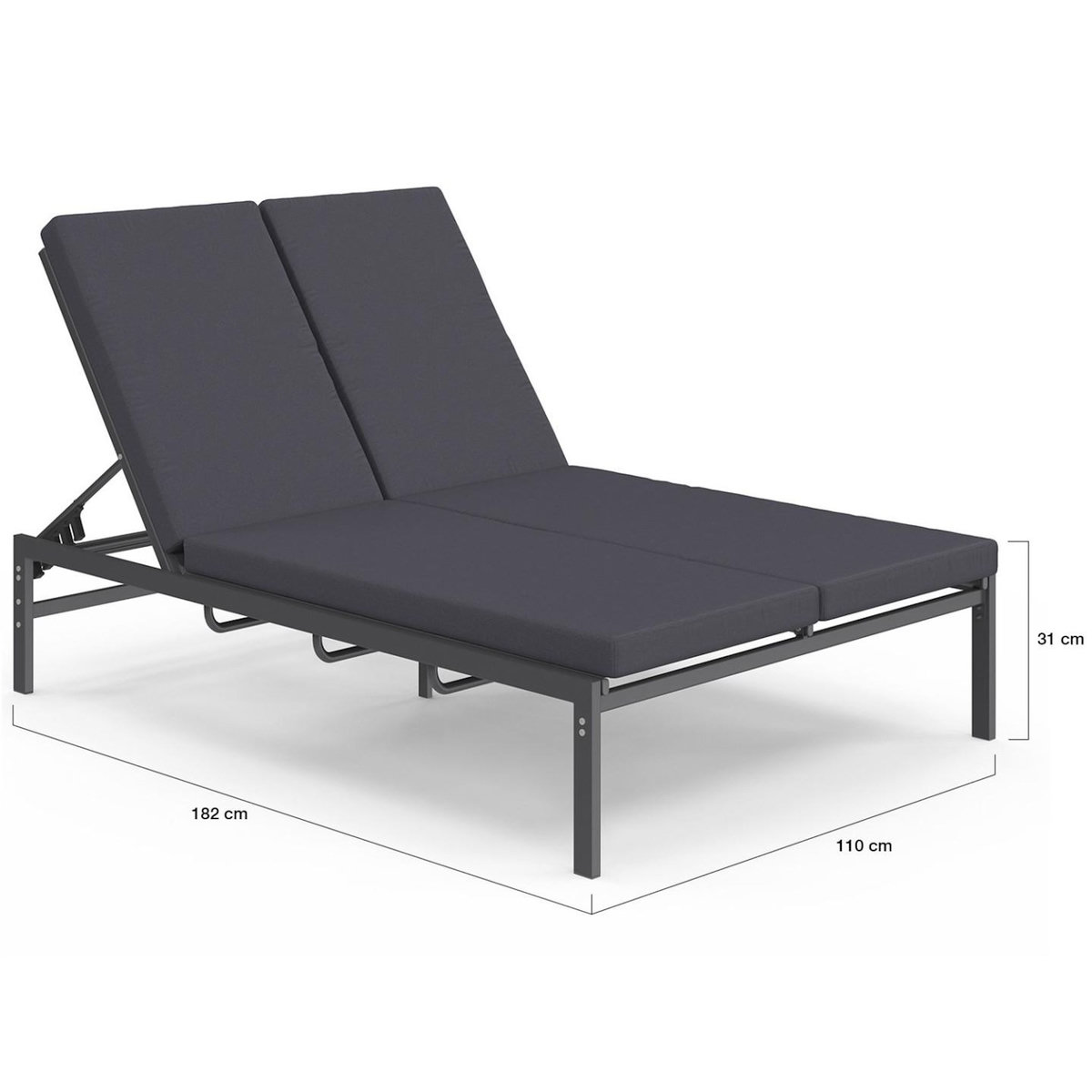 ID MARKET Lit bain de soleil double, transat de jardin inclinables double, en acier avec matelas gris anthracite