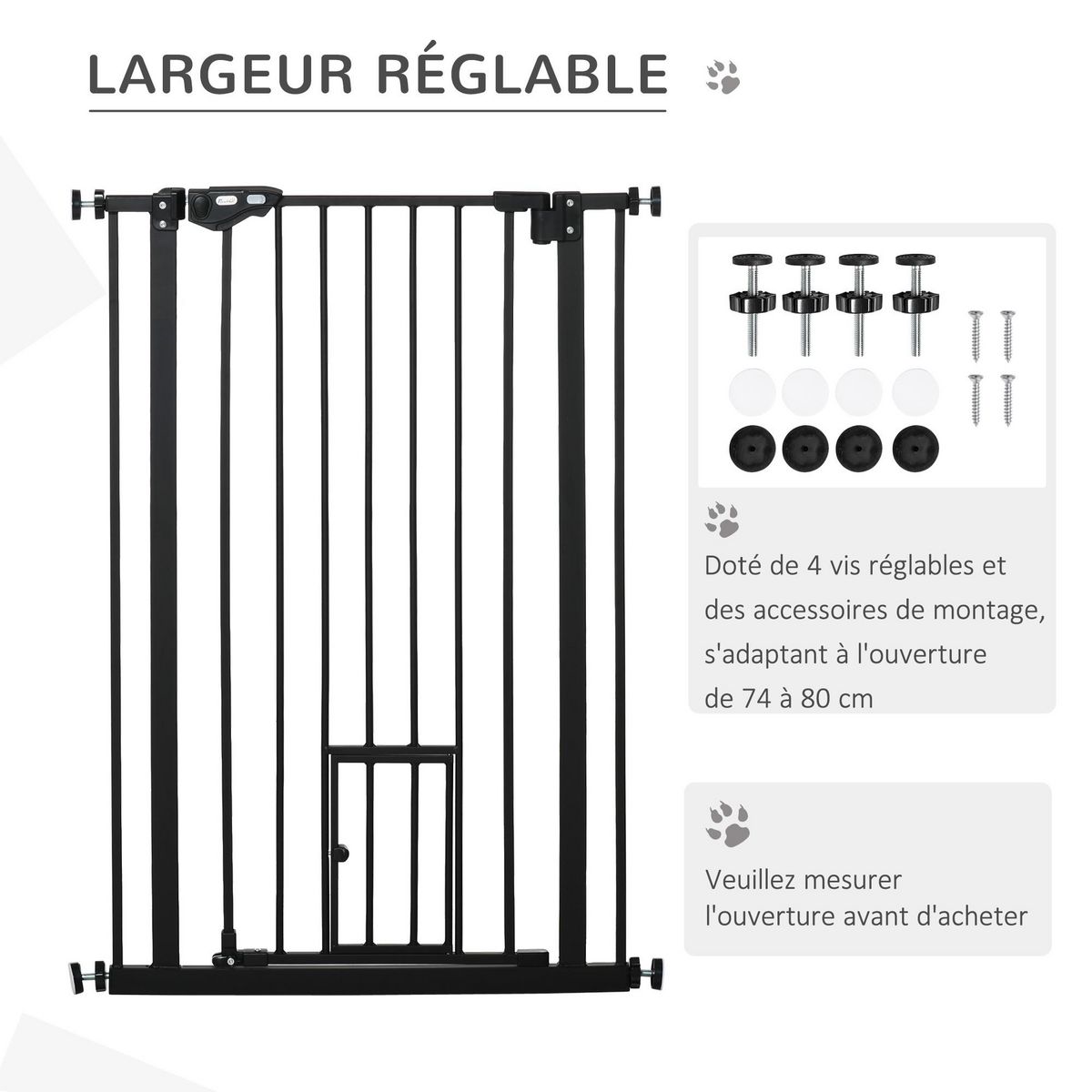 PAWHUT Barrière de sécurité animaux - longueur réglable dim. 74-80 cm - porte double verrouillage, ouverture double sens, petite porte -sans perçage - acier plastique noir