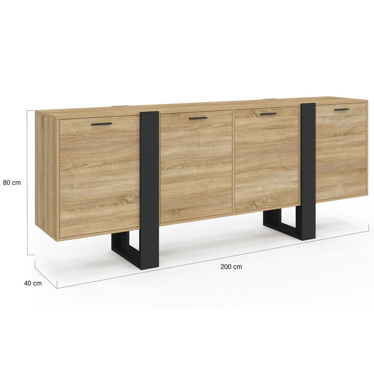ID MARKET Buffet enfilade 200 cm PHOENIX XXL 4 portes bois et noir