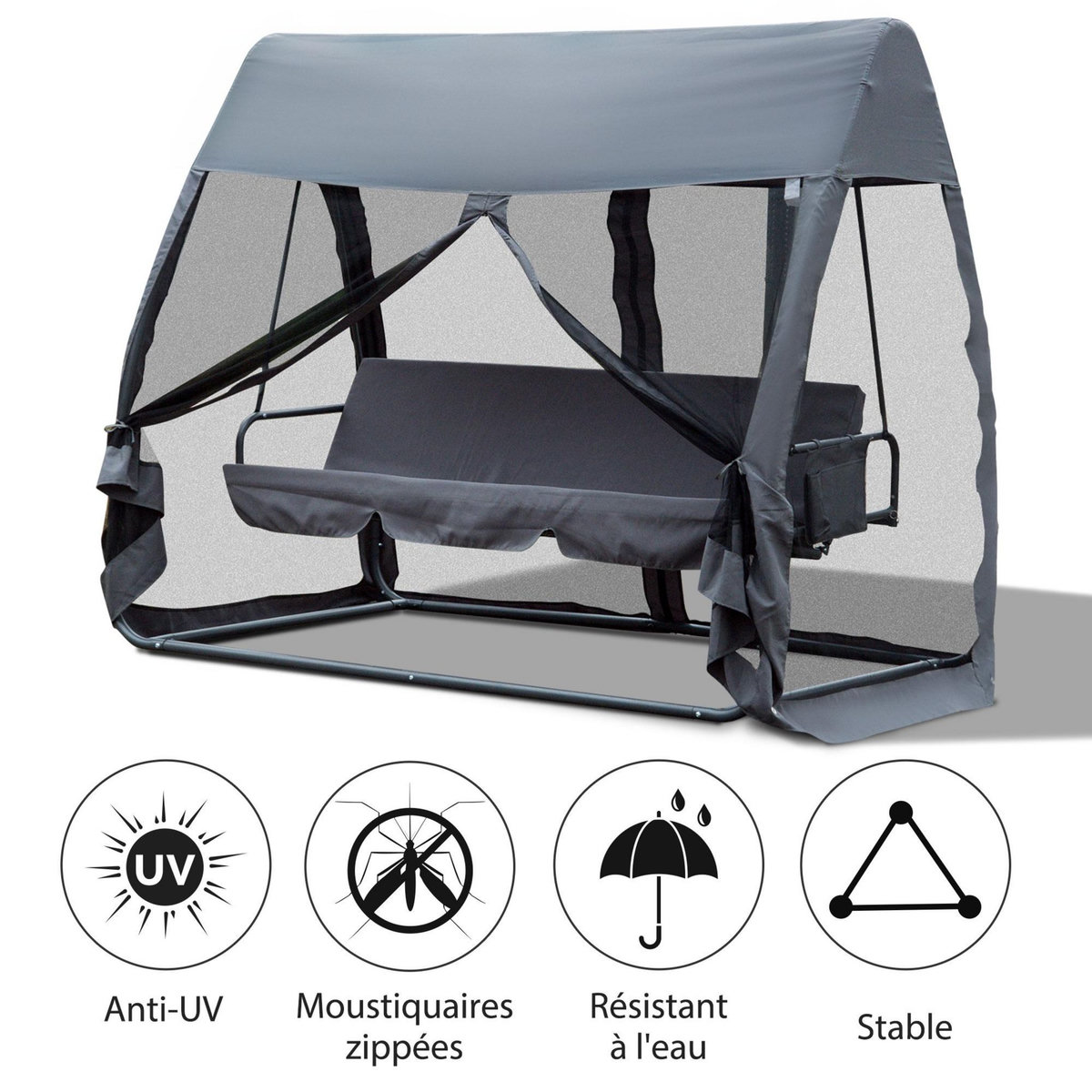 OUTSUNNY Balancelle de jardin convertible 3 places grand confort : matelas assise dossier, moustiquaire intégrale zippée avec toit,  pochette rangement métal époxy polyester gris