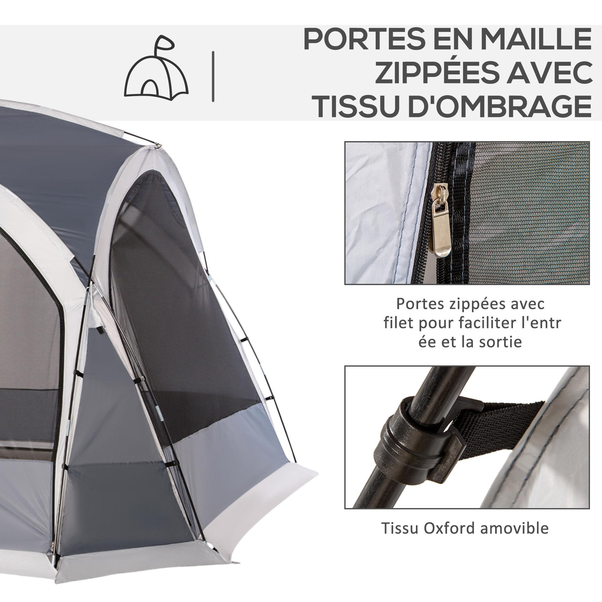 Voir la diapositive 5 : OUTSUNNY Tente de camping dôme familiale 6-8 personnes - 4 portes en filet zippées, tissu oxford amovible, crochet lampe, sac de transport - dim. 350l x 350l x 230h cm - blanc gris