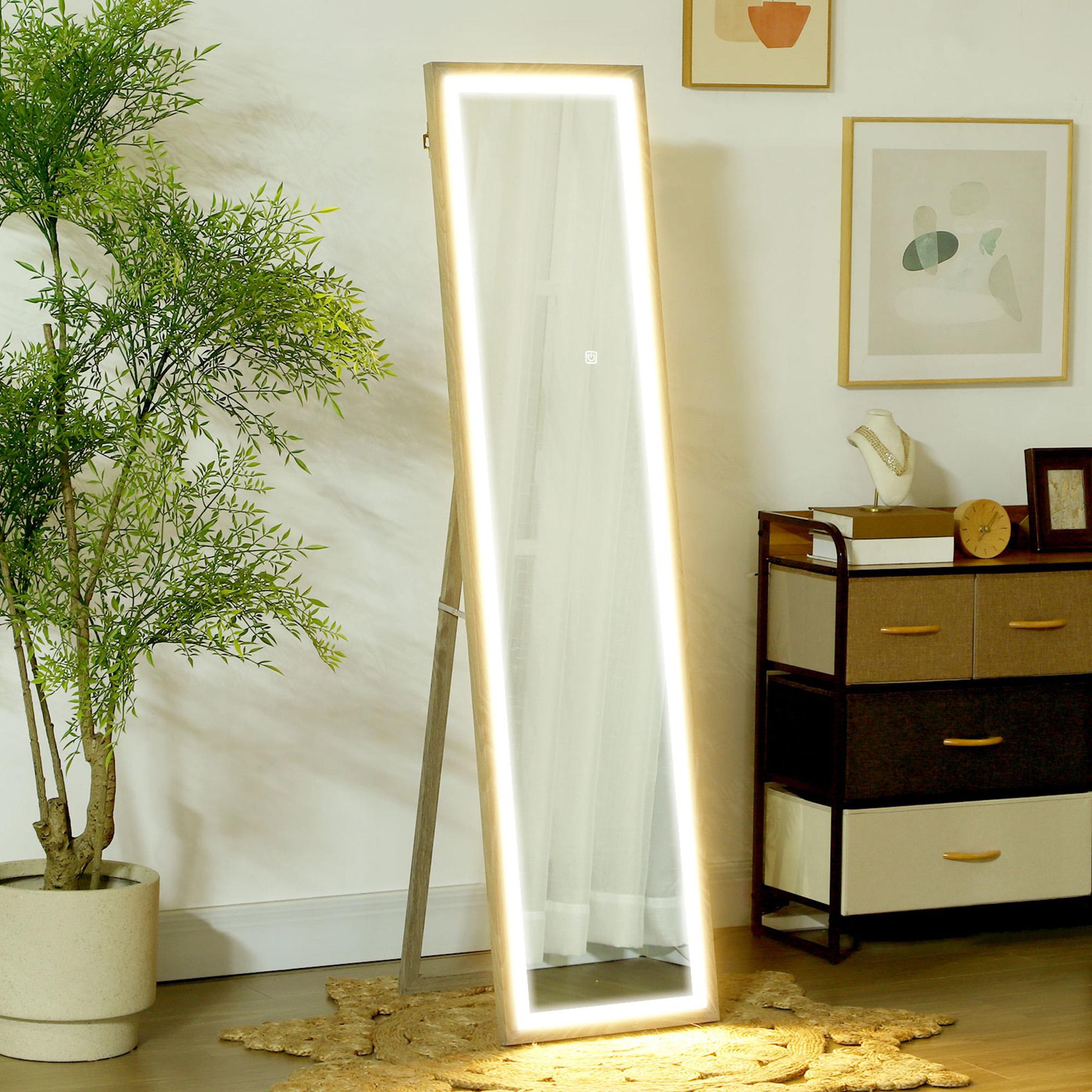 Voir la diapositive 2 : HOMCOM Grand miroir led pleine longueur 40 x 160 cm autoportant ou à fixer - 3 couleurs luminosité réglable - effet bois gris
