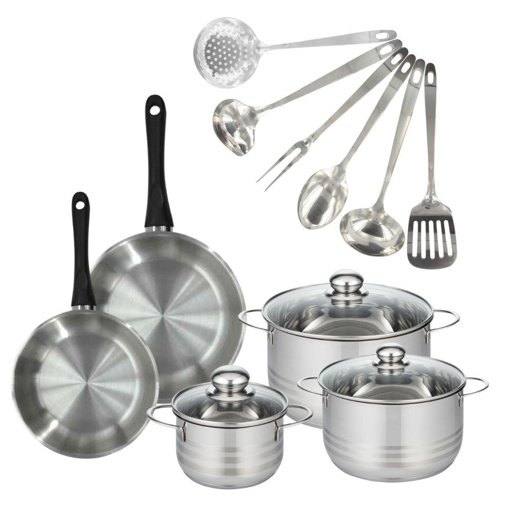 Fackelmann Batterie de cuisine avec 2 poêles 20/24 cm et 3 faitouts 16/20/24 cm avec 6 ustensiles de cuisine fackelmann généva brillant oxford