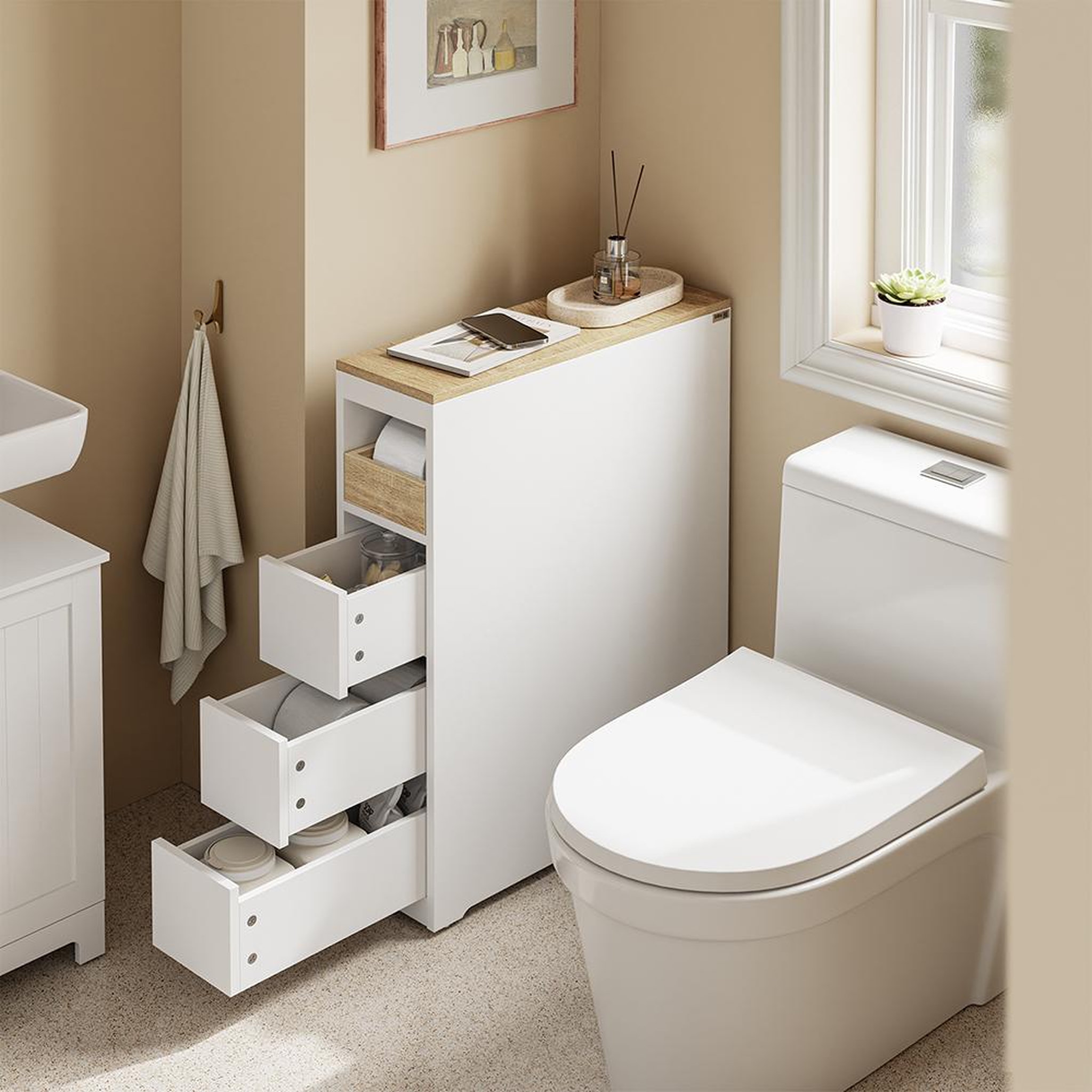 Voir la diapositive 4 : SOBUY SoBuy - Meuble bas de salle de bain à 4 tiroirs - Blanc - 60x20x82cm - Nordique - BZR54-K-W