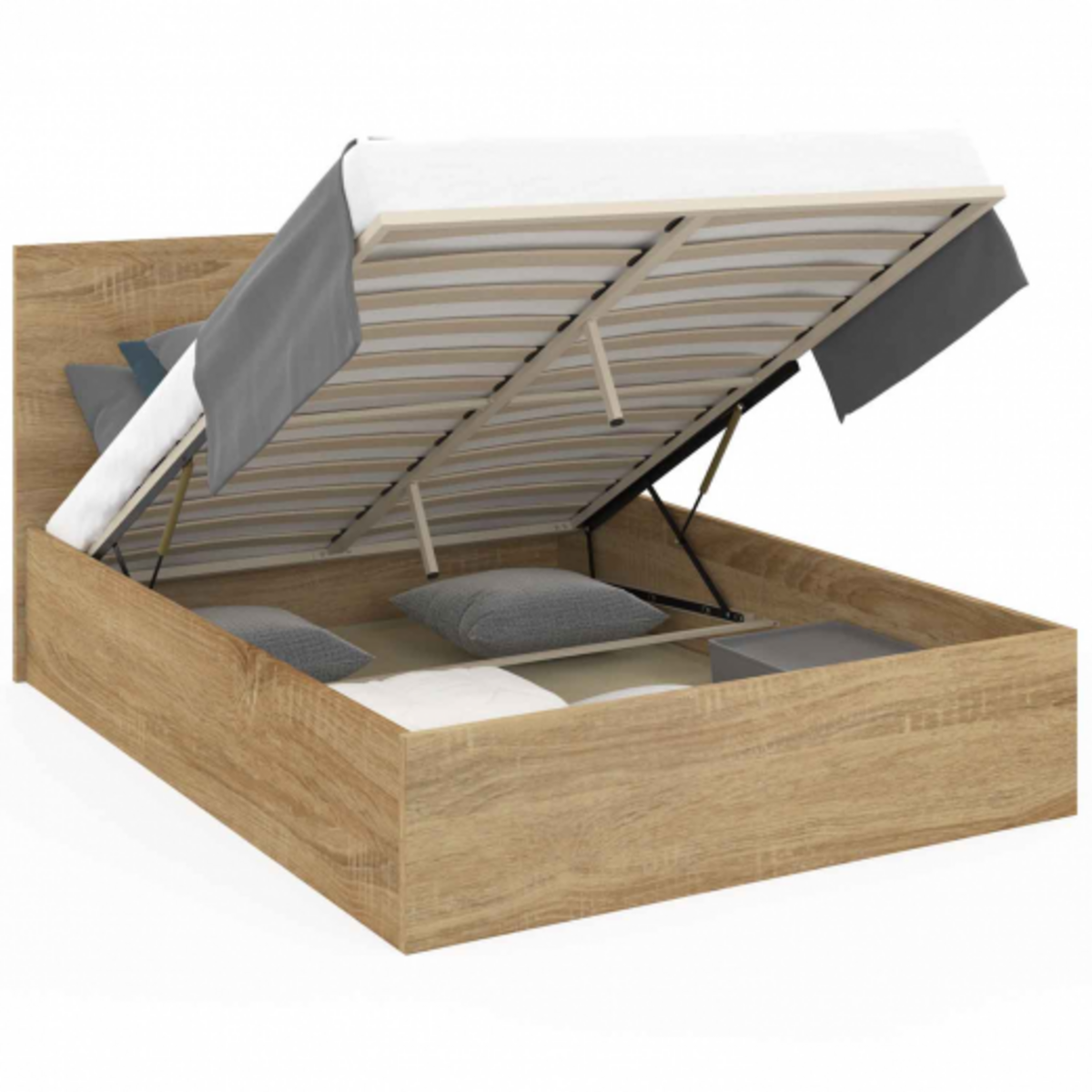 ID MARKET Lit coffre double SEASIDE avec tête de lit et sommier 160 x 200 cm façon hêtre