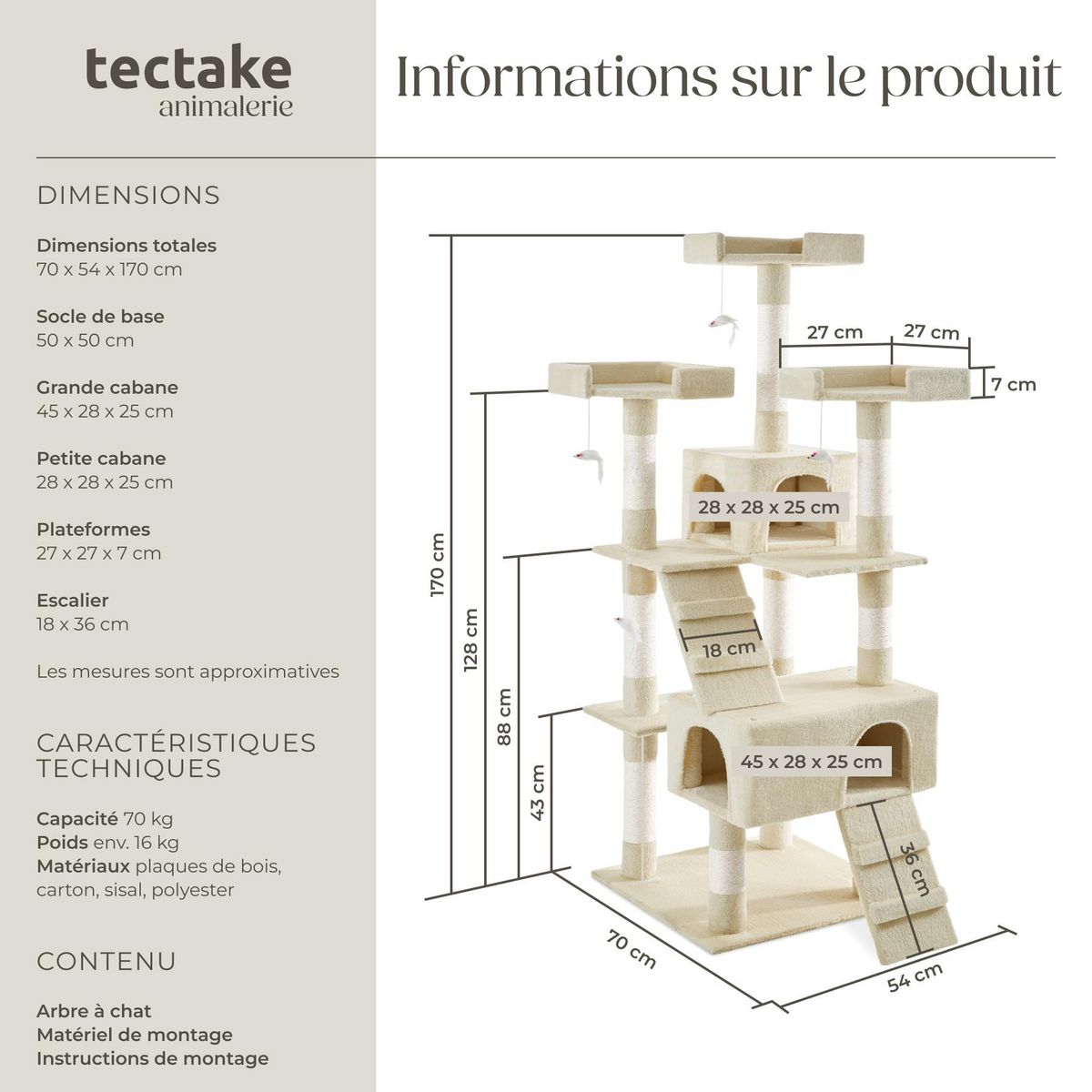 tectake Arbre à chat 170 cm avec griffoir et plateforme d'escalade beige