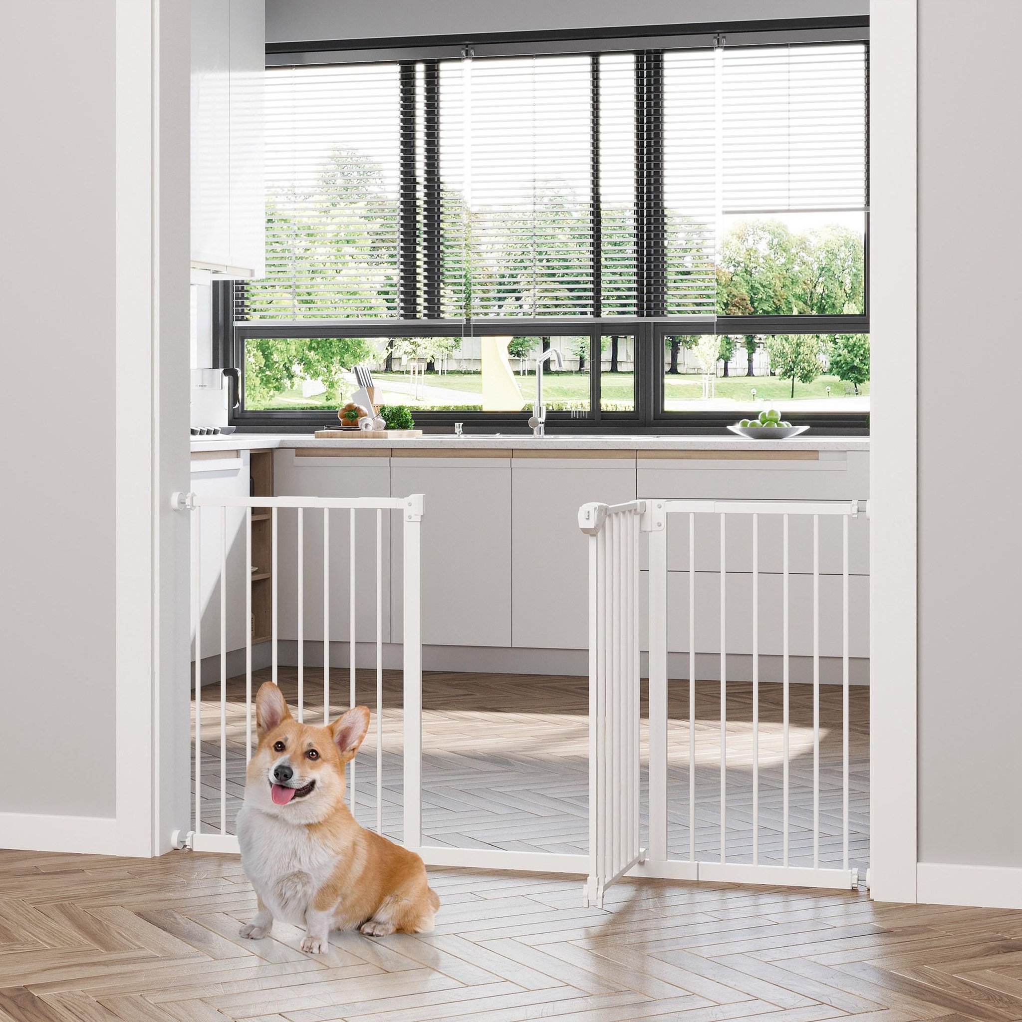 Voir la diapositive 2 : PAWHUT Barrière de sécurité pliable pour chien - 3 panneaux, porte verrouillable - dim. 206l x 120h cm - acier pp blanc