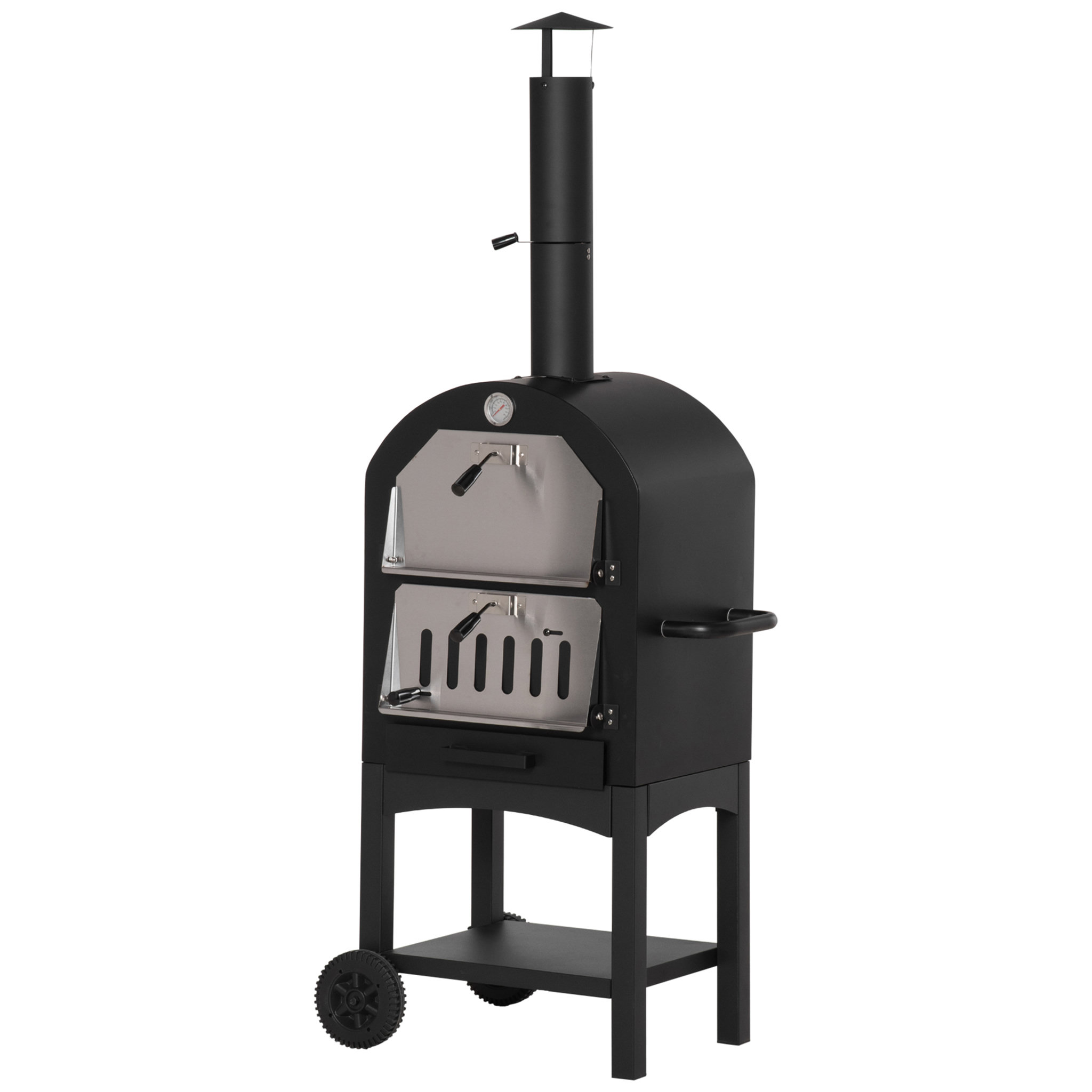 Voir la diapositive 1 : OUTSUNNY Four à pizza extérieur au charbon de bois - barbecue sur roulettes - four à bois - pierre réfractaire - cheminée, jauge température - acier au carbone noir gris