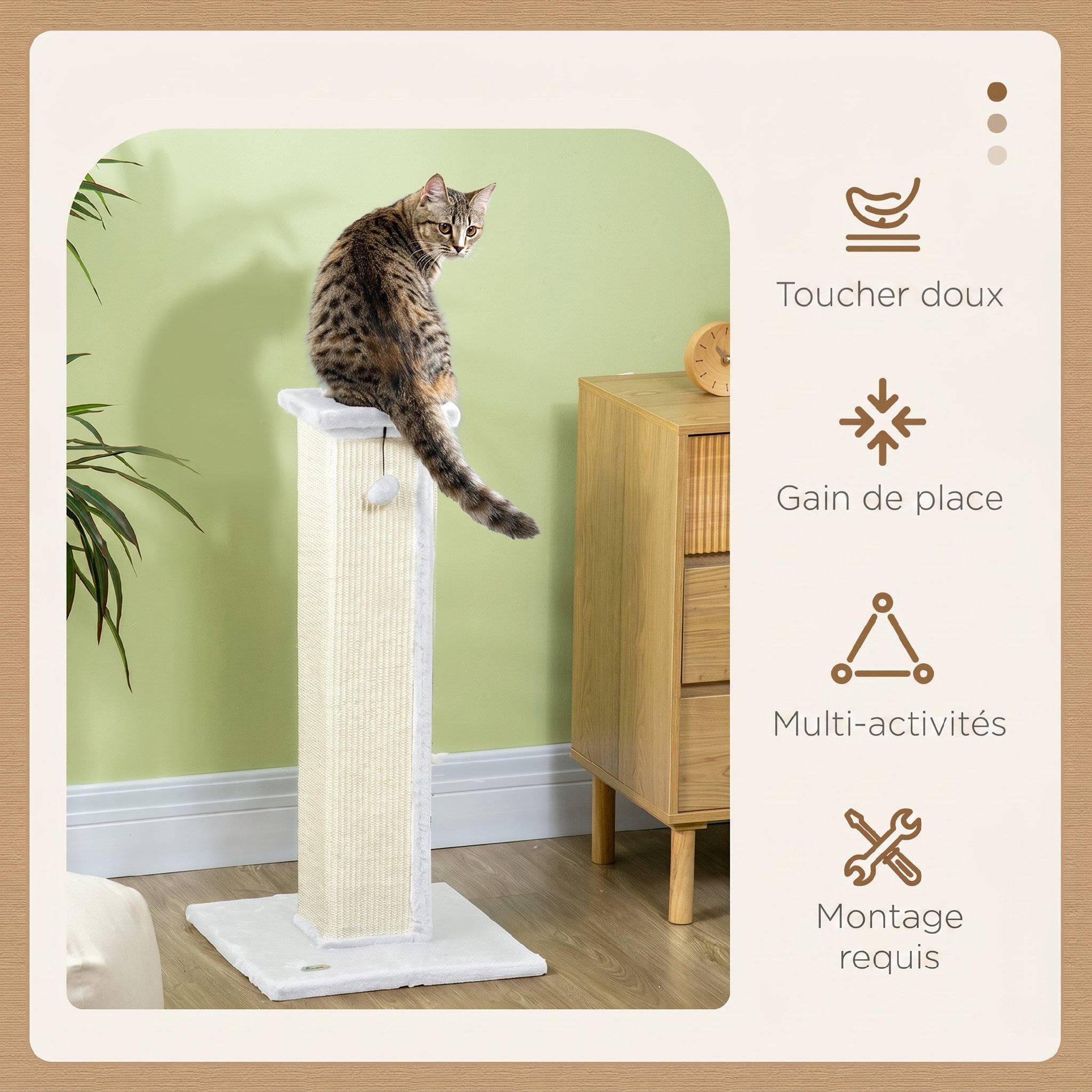 Voir la diapositive 6 : PAWHUT Griffoir tour pour chat H.81 cm - poteau à griffer avec jeu balle suspendue - peluche blanc sisal naturel