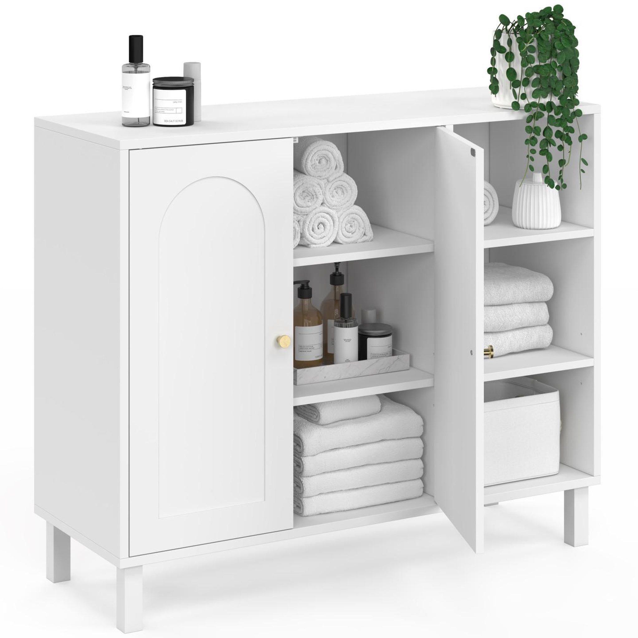 Voir la diapositive 5 : ID MARKET Meuble de salle de bain, meuble de rangement salon, entrée arsene 3 étagères avec placard bois blanc