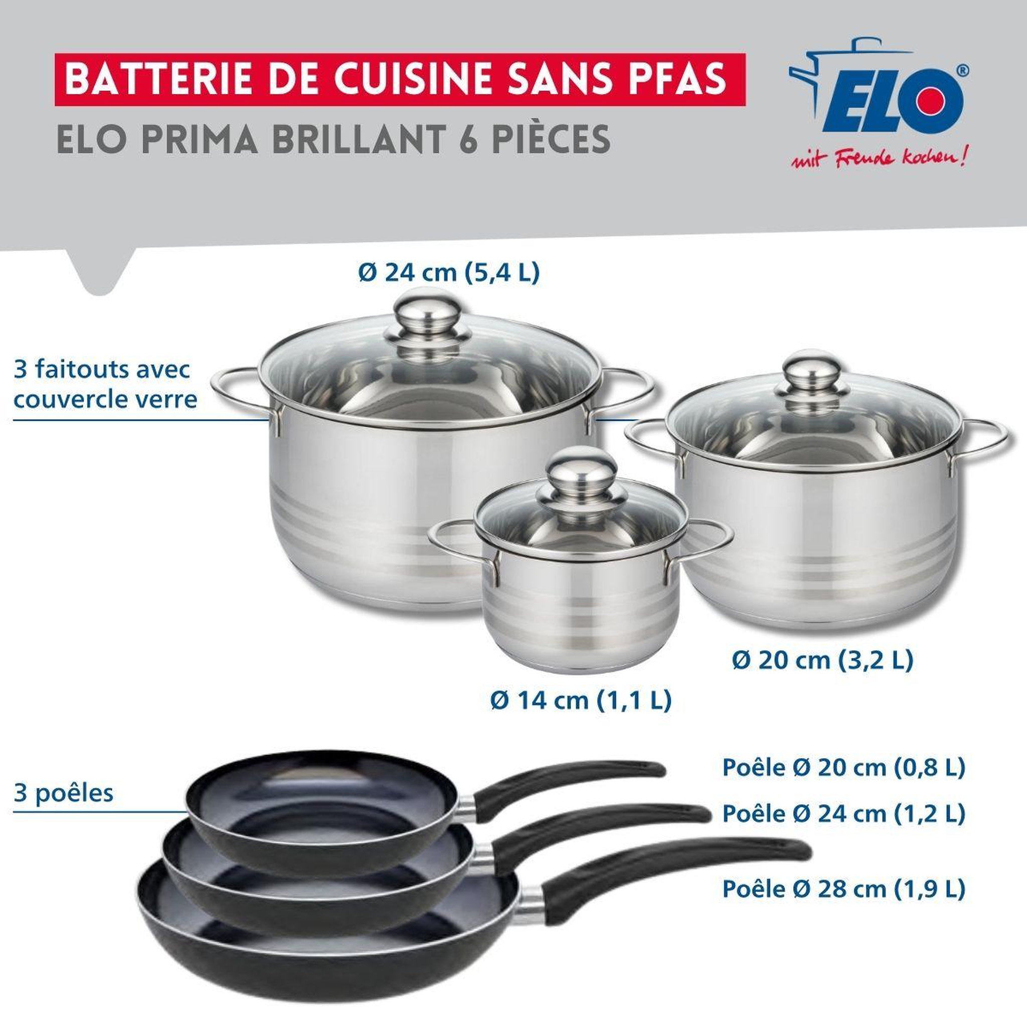 Voir la diapositive 2 : ELO Ensemble de 3 poêles de cuisson 20, 24 et 28 cm et 3 faitouts 14, 20 et 24 cm elo prima brillant