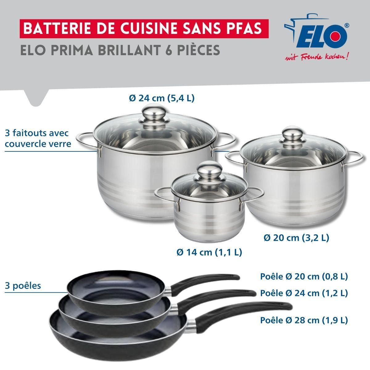 ELO Ensemble de 3 Poêles de cuisson 20, 24 et 28 cm et 3 faitouts 14, 20 et 24 cm Elo Prima Brillant