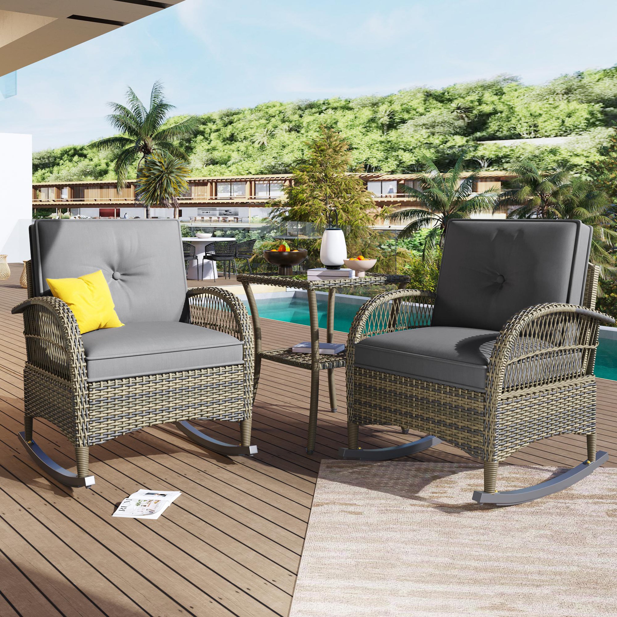 Voir la diapositive 5 : MERAX Salon de jardin 2 places avec 2 fauteuils bascule et table verre trempé