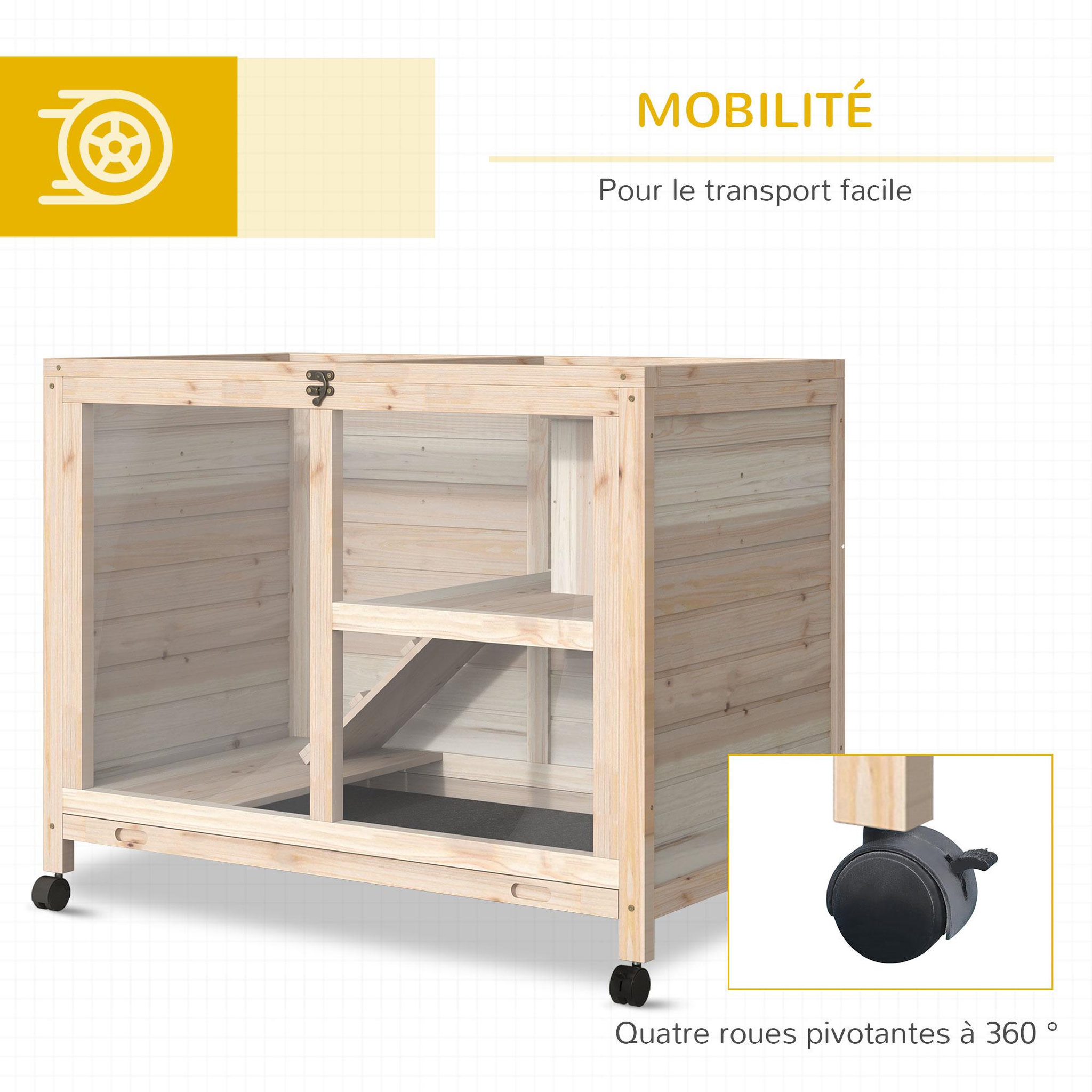 Voir la diapositive 6 : PAWHUT Clapier à lapin sur roulettes cage à lapin 2 niveaux toit ouvrant verrouillable plateau déjection coulissant rampe niche bois de sapin