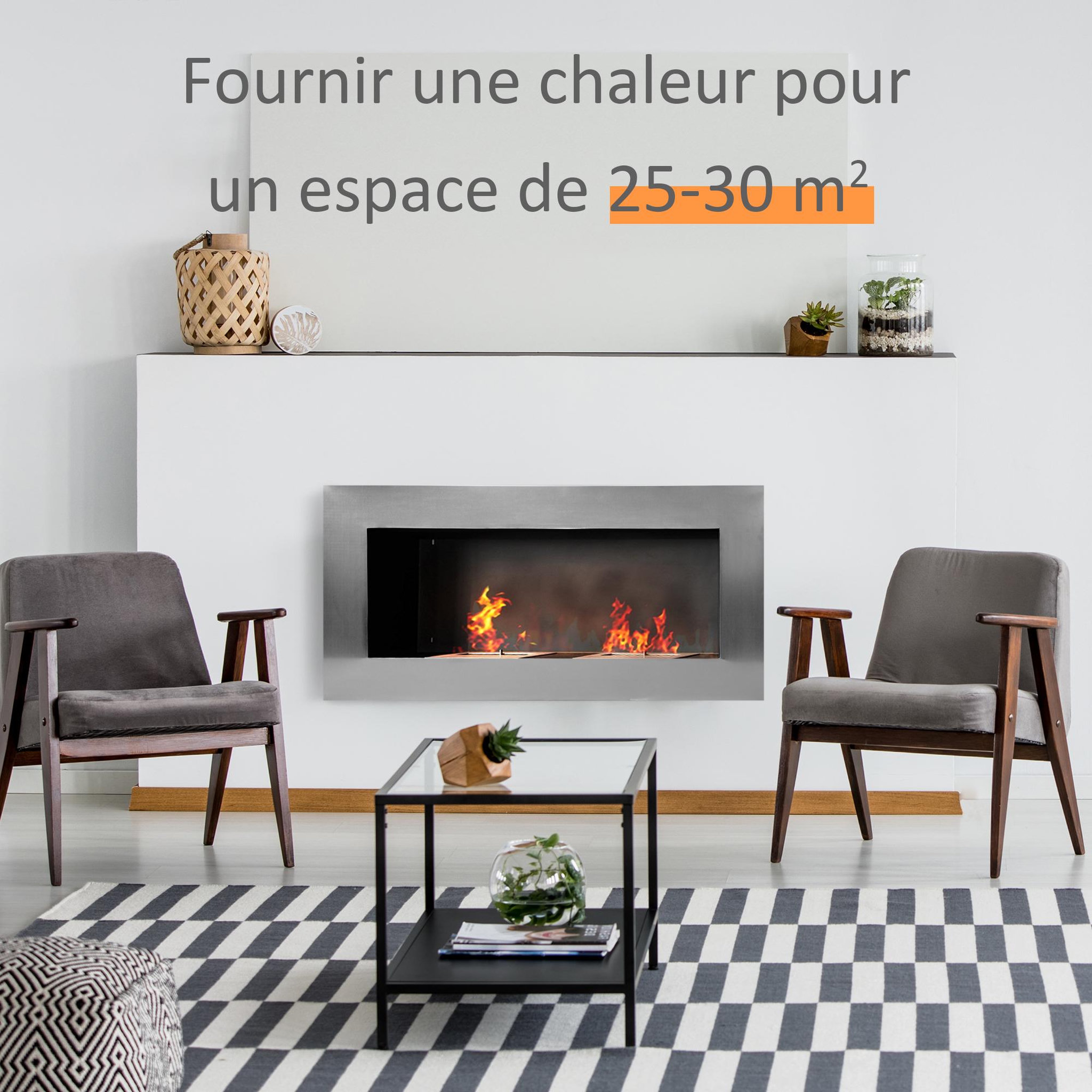 Voir la diapositive 4 : HOMCOM Cheminée bioéthanol murale design bauhaus double brûleur 3 l 110l x 14l x 54h cm couverture 25-30 m² acier inox. Brossé