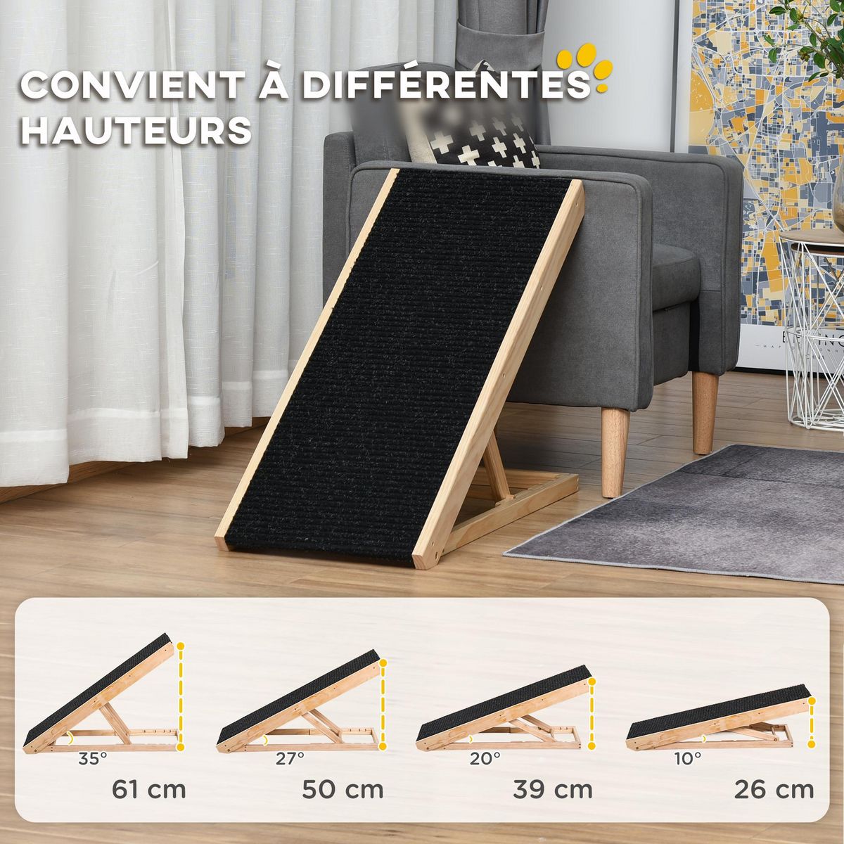 PAWHUT Rampe pour chien canapé hauteur réglable 26-61 cm bois pin polyester noir
