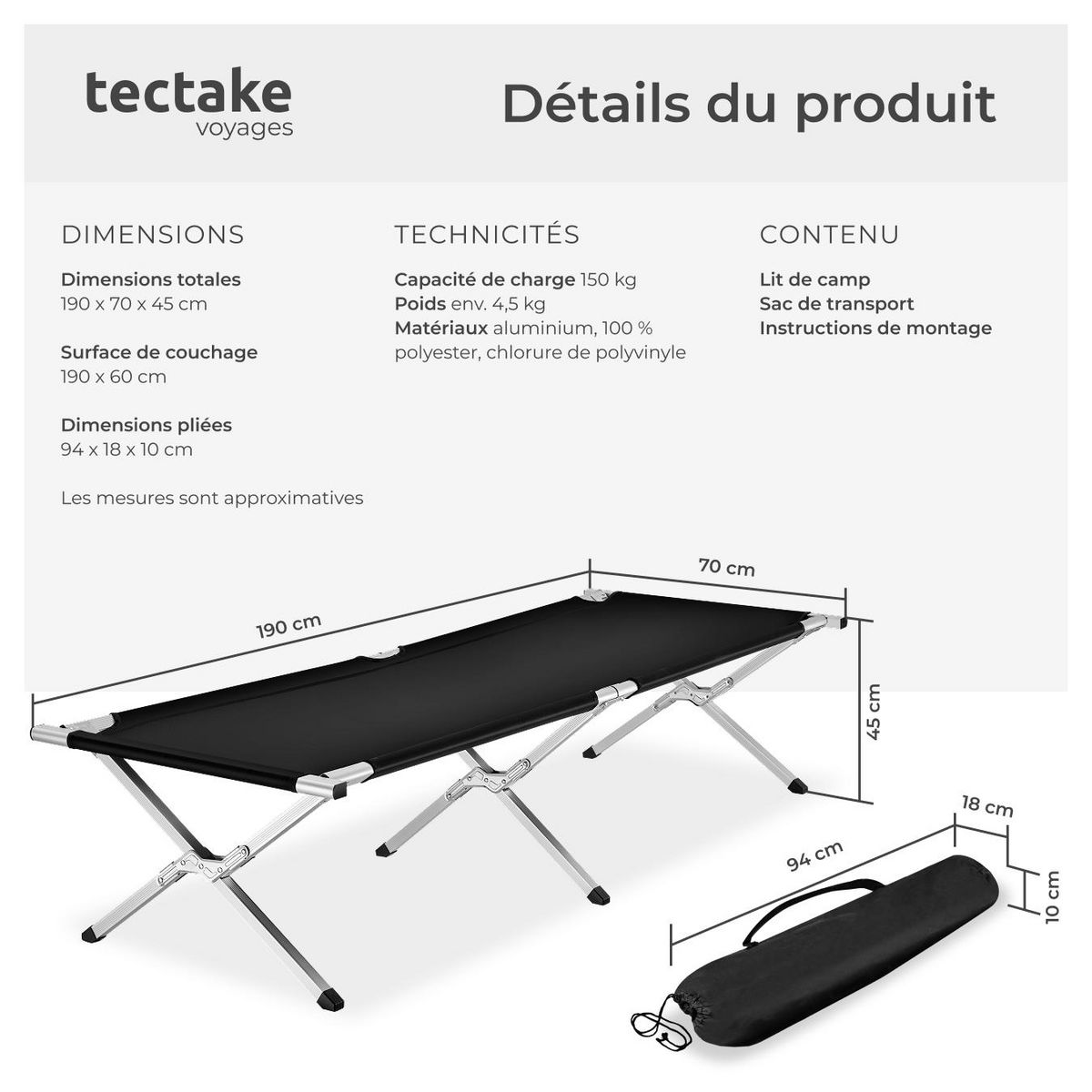 tectake Lit de camp avec cadre en aluminium noir