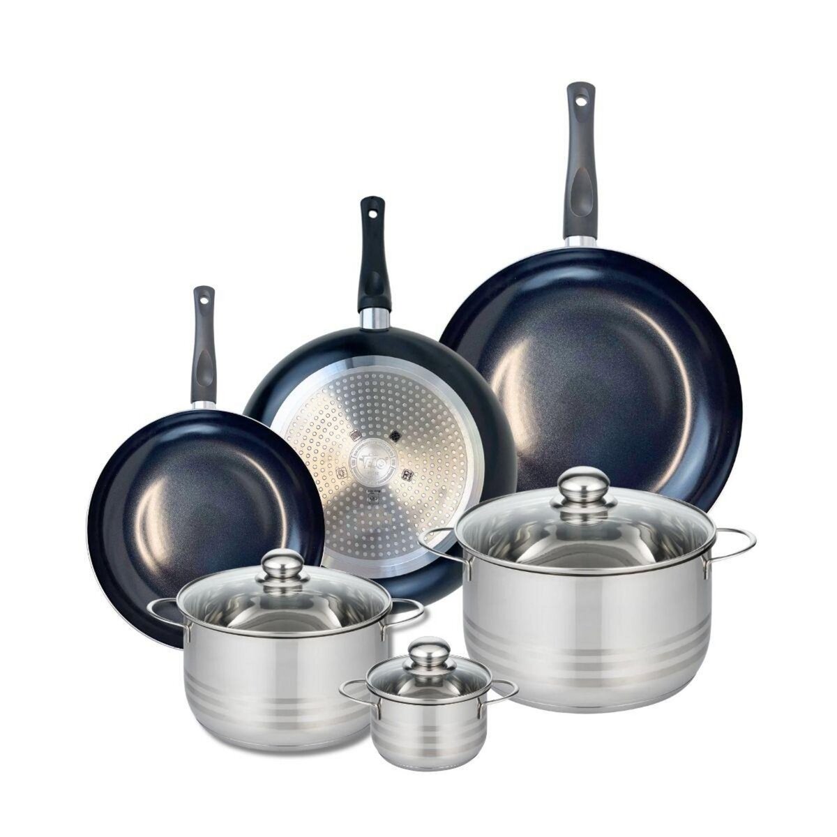 ELO Ensemble de 3 Poêles de cuisson 24, 28 et 32 cm et 3 faitouts 12, 20 et 24 cm Elo Prima Brillant
