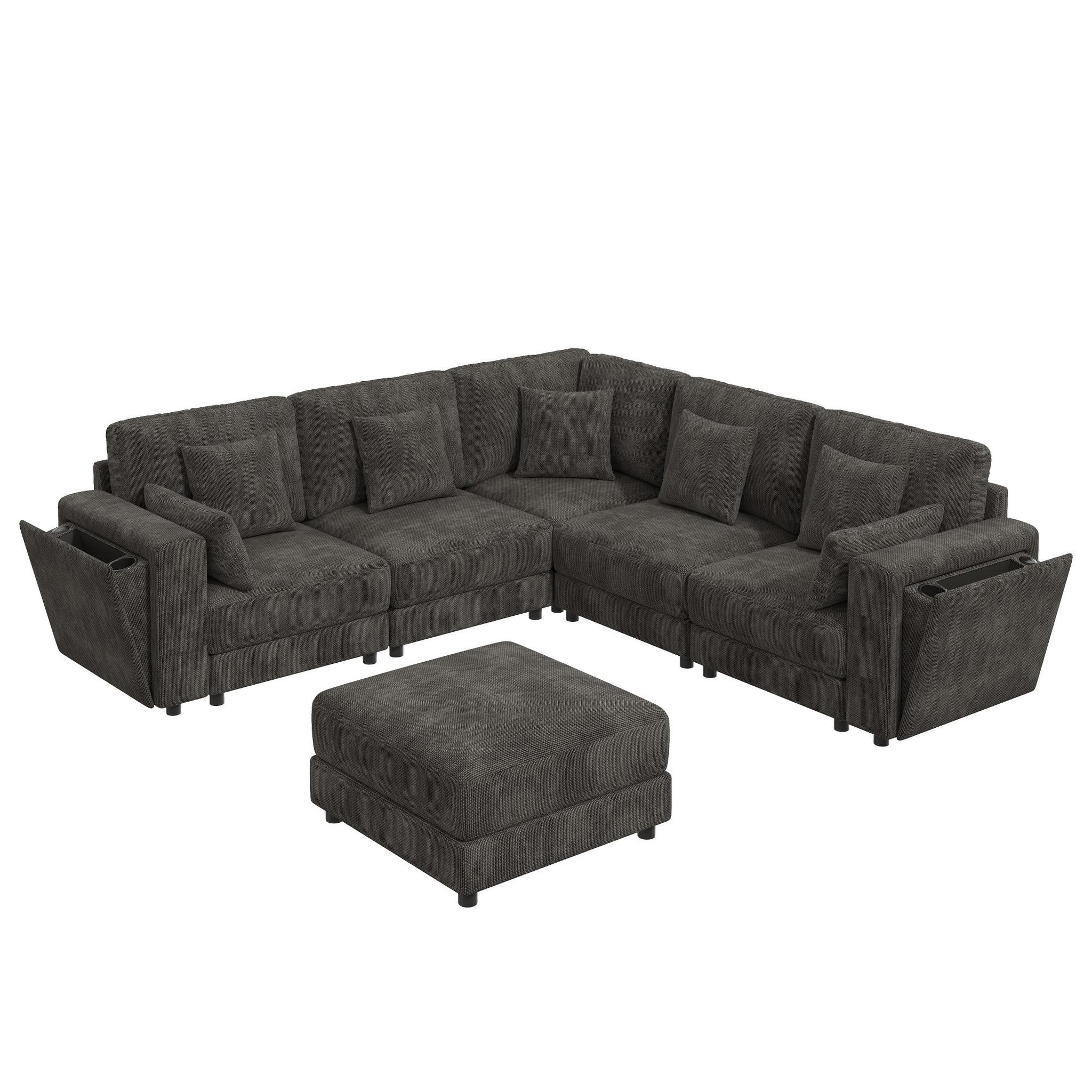 Voir la diapositive 1 : MERAX Canapé d'angle modulable 6 places l/u chenille avec usb rangement porte-gobelet