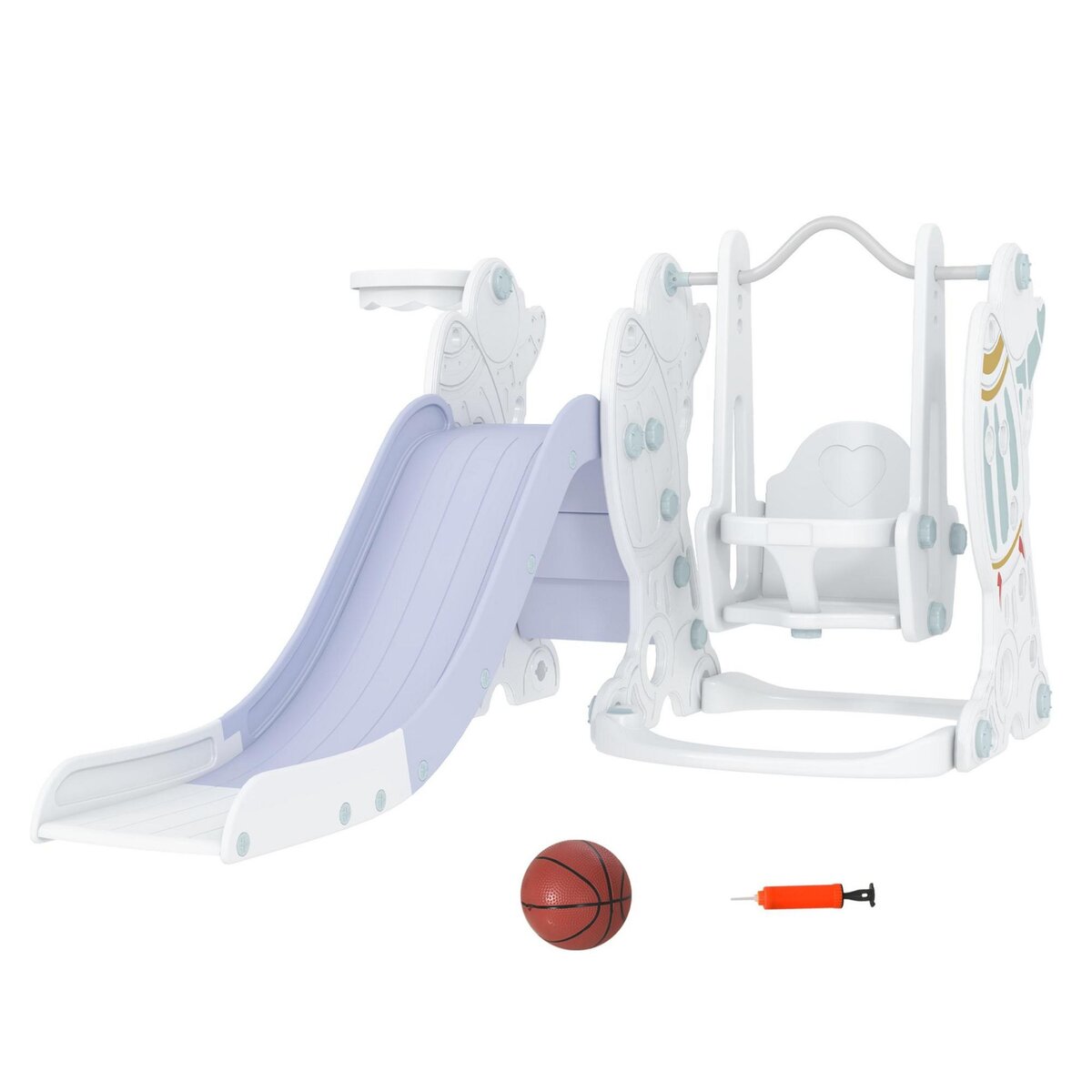 HOMCOM Portique enfant toboggan et balançoire avec panier de basket-ball -  aire de jeux 3 en 1 - usage intérieur extérieur - blanc gris pas cher 