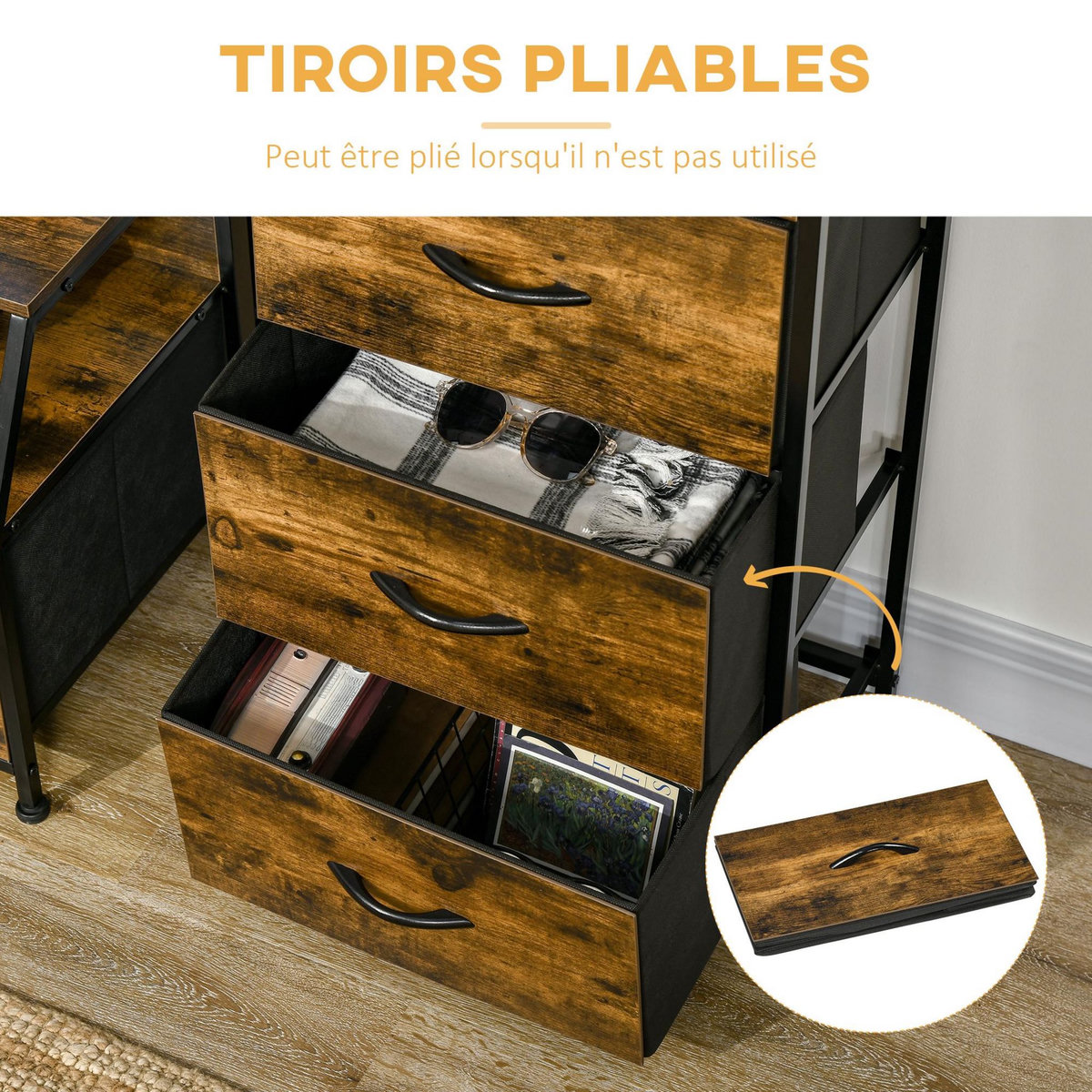 HOMCOM Meuble de rangement colonne design industriel - 3 tiroirs, niche, étagère - châssis acier noir MDF aspect bois avec veinage