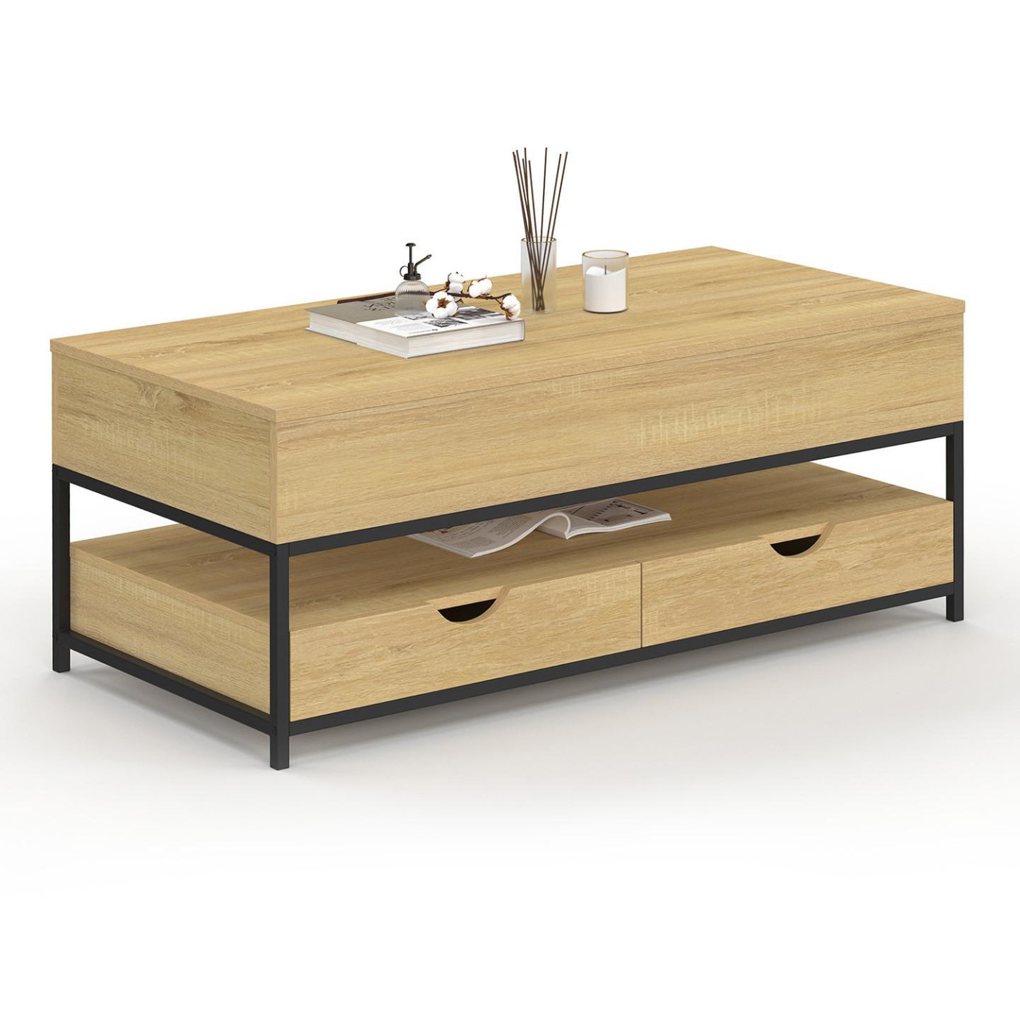 Voir la diapositive 4 : ID MARKET Table basse plateau relevable rectangulaire detroit avec 2 tiroirs design industriel