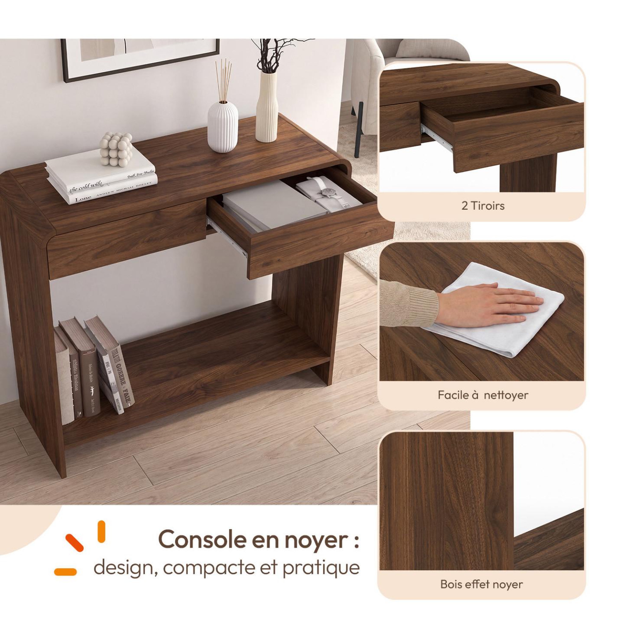 Voir la diapositive 3 : ID MARKET Console 2 tiroirs CAPUCINE effet noyer design arrondi