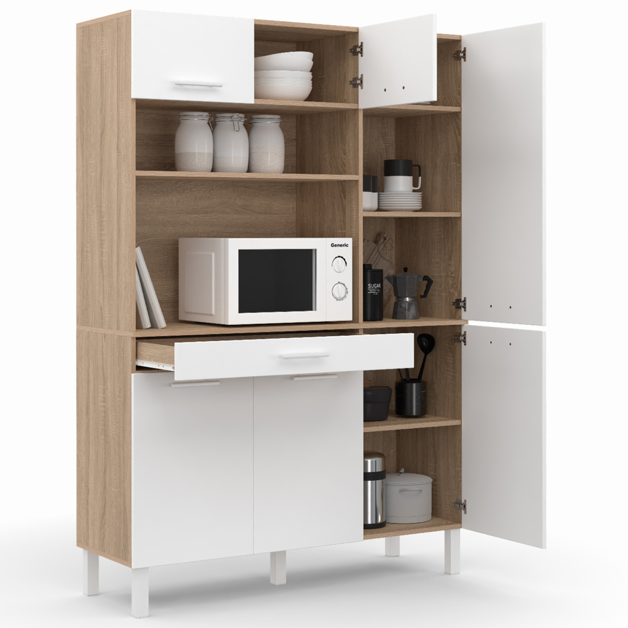 Voir la diapositive 4 : ID MARKET Buffet de cuisine avec colonne de rangement 120 cm cina 6 portes + tiroir façon hêtre et blanc