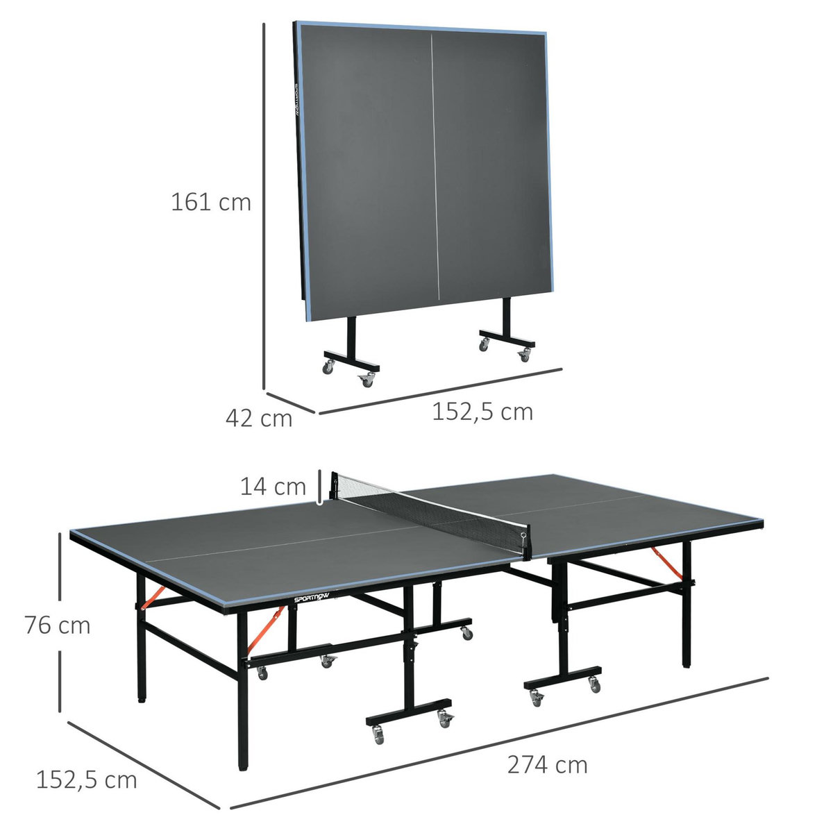 HOMCOM Table de ping pong tennis de table pliable 8 roues - filet, 2 raquettes, 3 balles inclus - noir gris